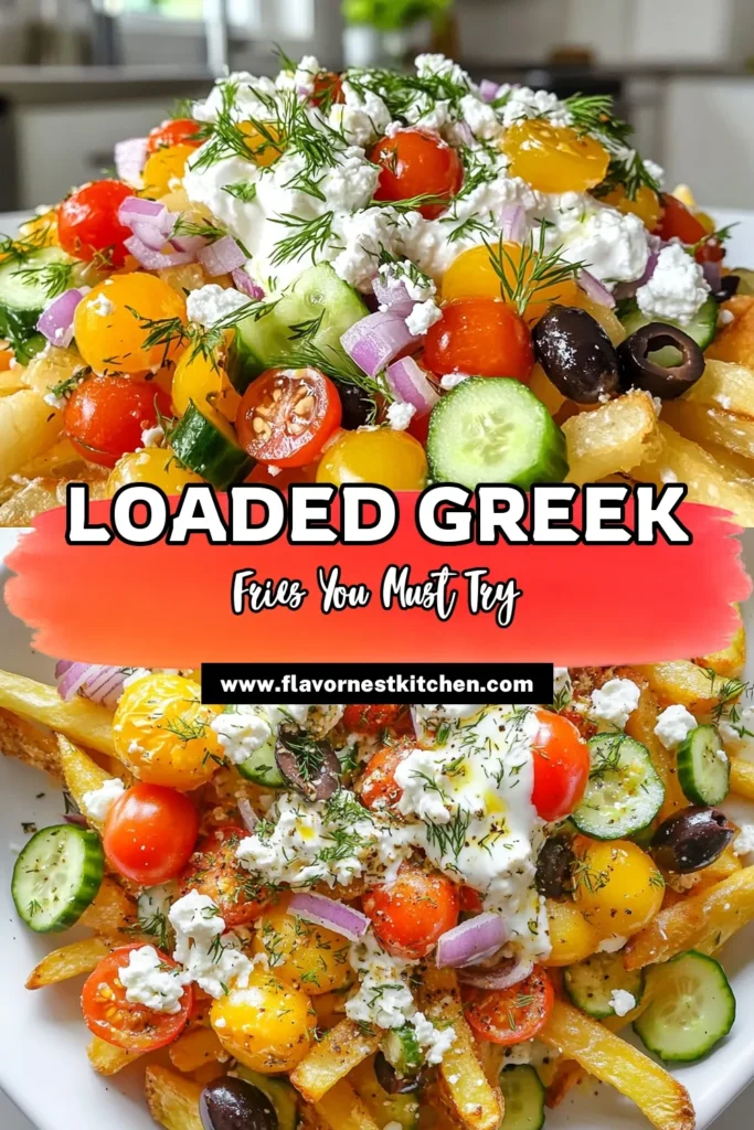 Satisfy your cravings with these delicious Greek Loaded Fries! This Mediterranean fries recipe features crispy baked Greek fries topped with fresh cucumber, juicy cherry tomatoes, and crumbled feta cheese. Drizzle with a tangy yogurt sauce for a flavor explosion. Perfect for snacks or appetizers, these feta cheese fries will impress everyone! Save this recipe today and treat yourself! #GreekLoadedFries #MediterraneanRecipe #BakedFries #YogurtSauceFries