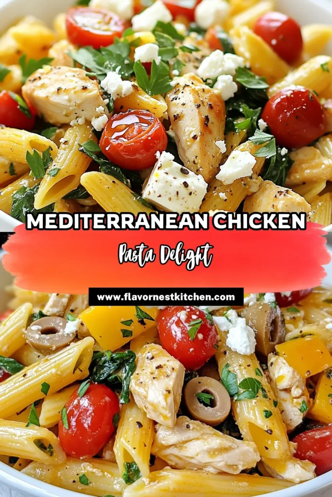 Looking for a delicious Mediterranean chicken pasta? This healthy chicken pasta recipe featuring juicy chicken, cherry tomatoes, spinach, Kalamata olives, and feta cheese is perfect for a quick Mediterranean meal. Enjoy this flavorful Greek pasta salad inspired dish any night of the week! Try this easy feta chicken pasta recipe and impress your family today. Save now for a tasty dinner! #HealthyPasta #MediterraneanCuisine #QuickMeals #PastaRecipe