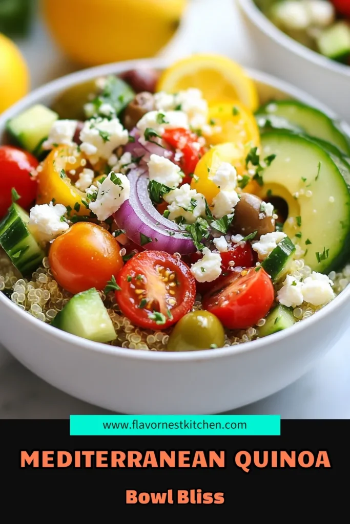 Discover the deliciousness of Mediterranean quinoa bowls, the perfect blend of fresh veggies and protein-packed quinoa. This healthy quinoa recipe is a vibrant vegan quinoa salad, bursting with flavor. Ideal as a Mediterranean diet meal, it features a delightful mix of cherry tomatoes, cucumbers, and feta. Try this easy quinoa salad with feta today and elevate your meal prep! Save this recipe for a nourishing treat! #MediterraneanQuinoaBowls #QuinoaSalad #VeganRecipes #HealthyEating
