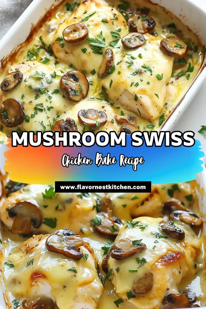 Looking for an effortless weeknight meal? Try this Mushroom Swiss Chicken Bake, packed with savory mushrooms and creamy Swiss cheese. This easy chicken dinner recipe is a must-try for any family. Our creamy mushroom chicken recipe creates a delightful Swiss cheese chicken casserole that everyone will love. Enjoy baked chicken with mushrooms for a comforting and satisfying meal. Save this recipe for later! #MushroomSwissChickenBake #EasyDinnerRecipe #SwissCheeseCasserole #BakedChickenWithMushrooms