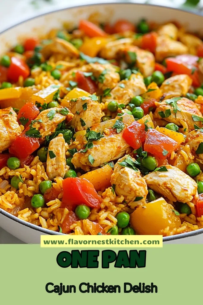 Create a burst of flavor in your kitchen with this Spicy Cajun Chicken Skillet! This one-pan Cajun chicken and rice is the perfect easy chicken and rice dish for busy weeknights. Packed with tender chicken, colorful veggies, and zesty Cajun seasoning, this Cajun chicken recipe will become a family favorite. Ready in just 40 minutes, it's a delicious Cajun rice dinner everyone will love. Save this recipe for an easy go-to meal! #CajunChicken #OnePanMeals #EasyDinner #CajunRice