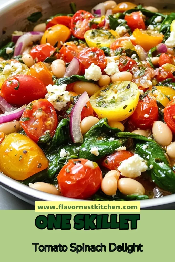 Looking for a quick and healthy skillet meal? Try this Tomato Spinach White Bean Skillet! This delicious white bean recipe is packed with fresh flavors and easy to make in just 20 minutes. It's a perfect vegetarian tomato dish that can also double as a quick bean casserole. Enjoy it as a hearty lunch or a delicious dinner option. Save this recipe now and treat yourself to a wholesome meal! #HealthyMeals #VegetarianRecipes #SkilletDinner #QuickRecipes
