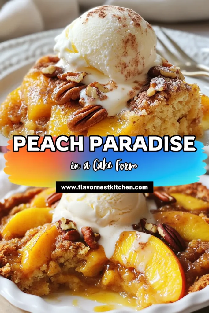 Satisfy your sweet tooth with this easy peach dessert featuring a delicious peach dump cake recipe! This simple dump cake with pecans combines juicy canned peaches and yellow cake mix for a delightful treat. Serve your peach dessert with ice cream for the ultimate indulgence. Perfect for any occasion, this cake mix dessert recipe is sure to impress! Save this recipe now and enjoy a slice of paradise! #PeachCobbler #DumpCake #EasyDessert #PeachDessert