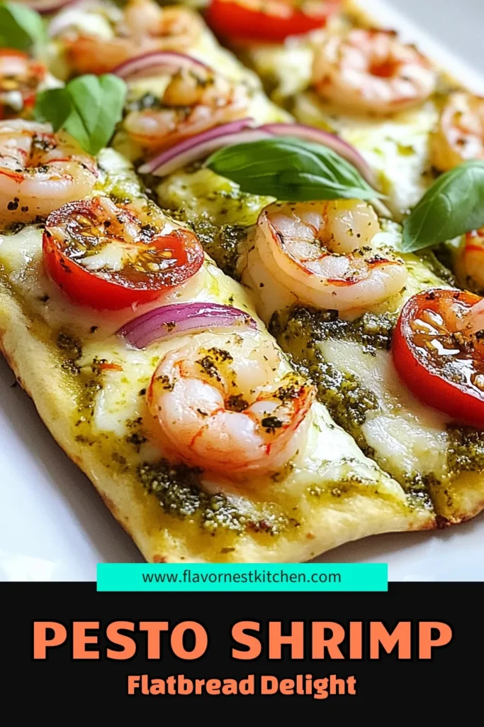 Indulge in this mouthwatering pesto shrimp flatbread that's perfect for easy flatbread meals. This shrimp flatbread recipe combines savory shrimp and creamy basil pesto on warm naan bread, topped with mozzarella, cherry tomatoes, and red onions. Quick to make in just 30 minutes, it's a delightful twist on pesto recipes with shrimp. Save this recipe and enjoy a scrumptious meal tonight! #PestoShrimpFlatbread #ShrimpFlatbreadRecipe #EasyFlatbreadMeals #NaanBreadToppings