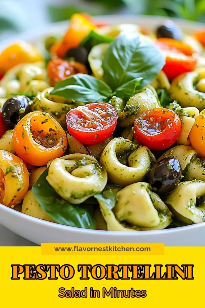 Discover the vibrant flavors of this Pesto Tortellini Pasta Salad! Perfect for picnics or quick weeknight dinners, this easy pasta salad with pesto combines cheese tortellini, fresh veggies, and a delicious homemade dressing. You'll love this fresh veggie pasta salad, featuring basil and colorful ingredients. Whip up this tasty tortellini salad with basil in just 45 minutes! Save this recipe today for a delightful meal. #PestoTortelliniSalad #EasyPastaSalad #TortelliniSalad #FreshVeggiePastaSalad