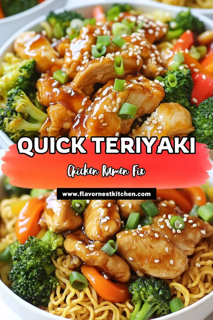 Whip up this delicious Teriyaki Chicken Ramen Stir Fry for a quick and easy weeknight dinner! This healthy ramen stir fry features tender chicken, vibrant veggies, and savory teriyaki sauce, making it a perfect balance of flavors. Try this easy teriyaki chicken recipe that combines all the goodness of a ramen noodle recipe in just 25 minutes. Save this must-try dish for your next meal! #TeriyakiChickenStirFry #RamenNoodleRecipe #QuickChickenStirFry #HealthyRamenStirFry