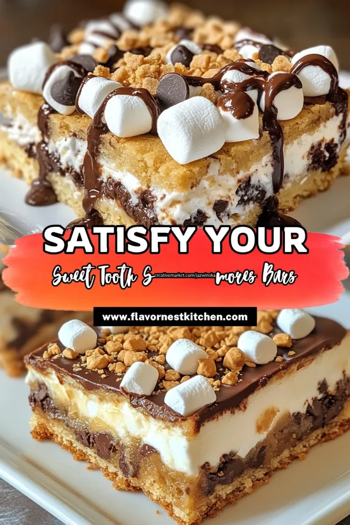 Indulge in these delicious S'mores cookie bars, the ultimate chocolate chip dessert bars that bring the campfire classic straight to your kitchen! This easy S'mores recipe combines gooey marshmallows, chocolate chips, and graham cracker cookie bars for the perfect baked S'mores treats. Ready in just 45 minutes, they’re sure to be a hit! Save this recipe now and enjoy a taste of summer anytime! #S'moresCookieBars #ChocolateChipDessertBars #EasyS'moresRecipe #BakedS'moresTreats