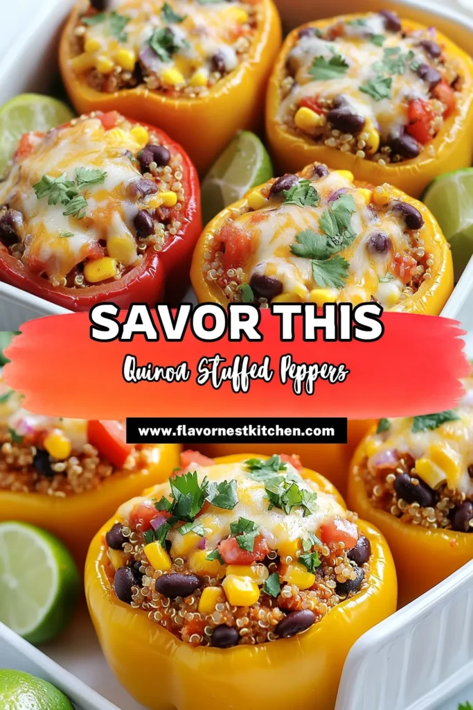 Discover the vibrant flavors of Fiesta Quinoa Stuffed Peppers, a healthy stuffed pepper recipe perfect for any occasion! This vegetarian quinoa recipe features colorful bell peppers filled with quinoa, black beans, and corn, making it a delicious and nutritious dish. Baked until bubbly and topped with cheese, these baked stuffed peppers are sure to impress. Try this easy recipe and elevate your meal today! Save for later and enjoy! #StuffedPeppers #QuinoaRecipe #HealthyEating #VegetarianDishes