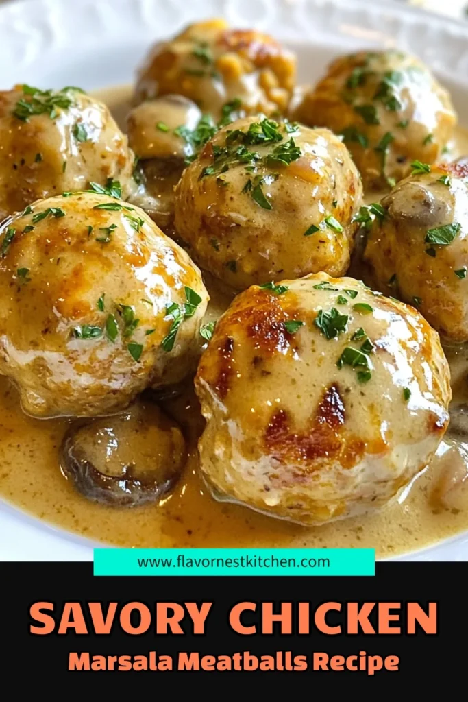 Discover the deliciousness of Chicken Marsala meatballs with this easy chicken meatball recipe! Made with ground chicken meatballs and coated in a creamy mushroom sauce, these baked chicken meatballs are perfect for any meal. In just 50 minutes, you can impress your family with this savory dish that’s both comforting and satisfying. Try it tonight! Save this recipe for your next dinner. #ChickenMarsalaMeatballs #GroundChickenMeatballs #EasyChickenMeatballRecipe #CreamyMushroomSauceMeatballs