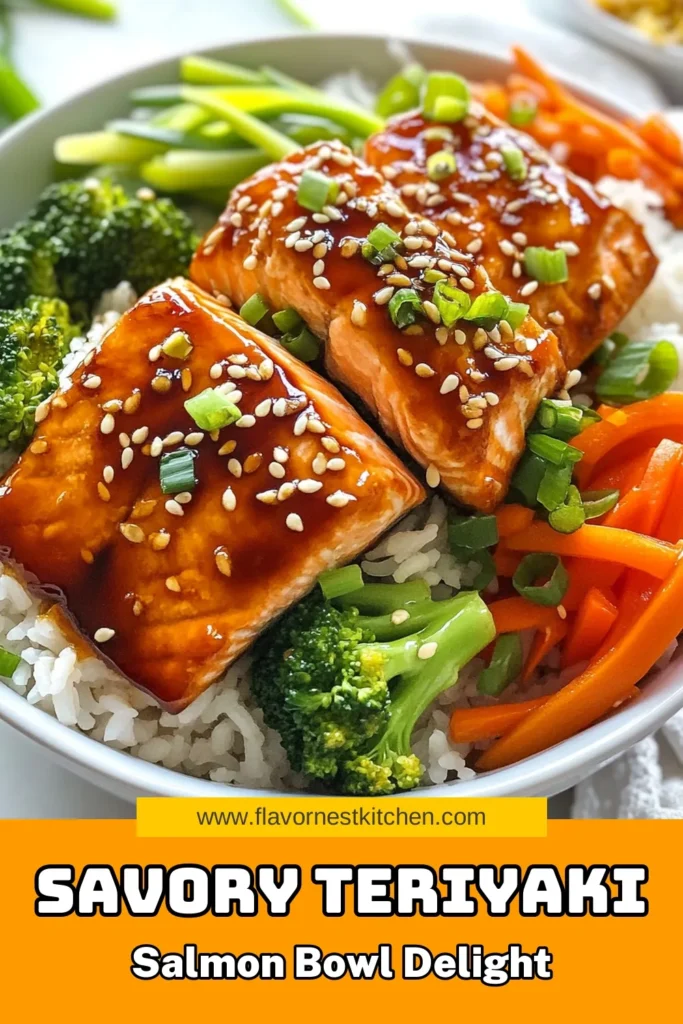Discover the deliciousness of this Teriyaki salmon bowl recipe that pairs perfectly with fluffy jasmine rice teriyaki salmon and vibrant steamed vegetables. This easy salmon bowl recipe is a healthy teriyaki salmon option for dinner, featuring perfectly cooked salmon, sautéed bell peppers, carrots, and broccoli. Enjoy a scrumptious meal in just 40 minutes! Save this recipe for your next weeknight dinner. #TeriyakiSalmon #SalmonBowl #HealthyEating #JasmineRice