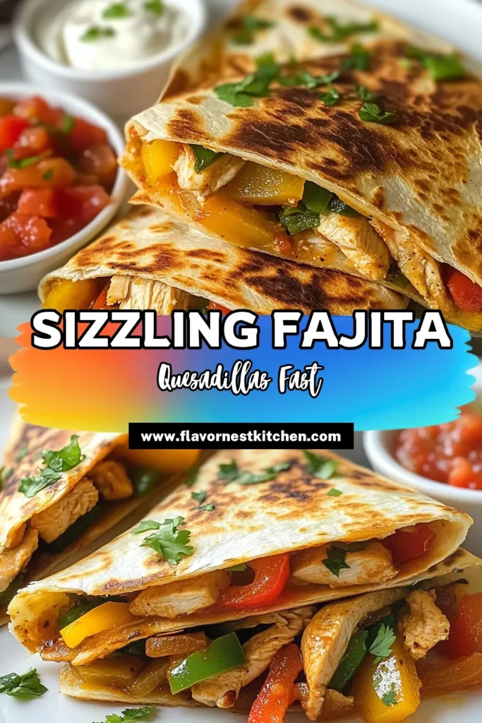 Indulge in these sizzling chicken fajita quesadillas for a quick and tasty meal! This easy quesadilla recipe combines juicy chicken and vibrant veggies, all wrapped in cheesy goodness. Perfect for family dinners or a fun night in, these cheesy chicken quesadillas are sure to please everyone. Want a vegetarian option? Try vegetarian fajita quesadillas instead! Save this recipe for a delicious meal tonight! #ChickenFajitaQuesadillas #EasyQuesadillaRecipe #CheesyChickenQuesadillas #SizzlingChickenFajitas