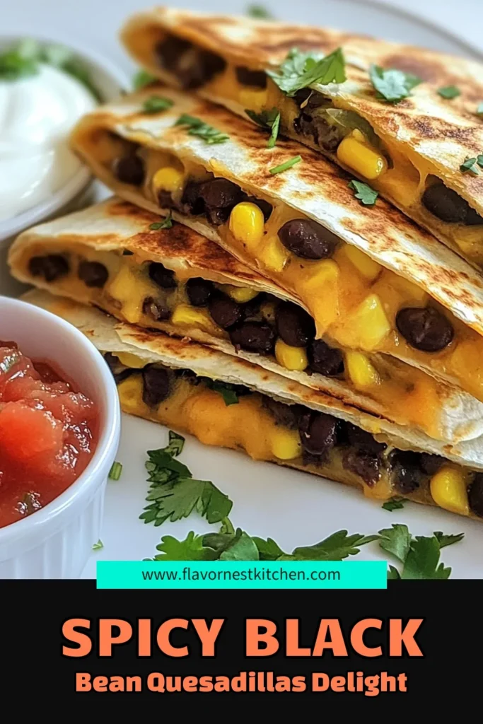 Try these delicious spicy black bean quesadillas for a quick dinner that packs a flavor punch! This vegetarian quesadilla recipe is simple and perfect for any night. Filled with cheesy quesadillas with corn, black beans, and spices, it's an easy black bean recipe anyone can master. Serve with sour cream and salsa for an extra kick. Save this recipe for your next meal! #SpicyBlackBeanQuesadillas #VegetarianQuesadilla #QuickDinnerRecipes #EasyBlackBeanRecipes