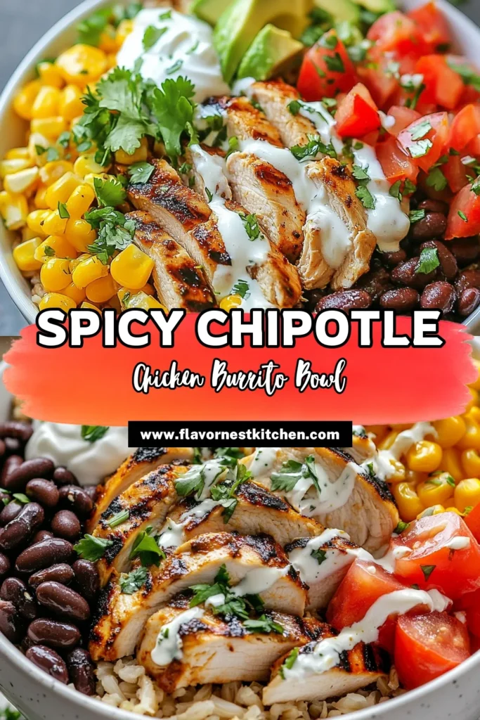 Savor the bold flavors of this fiery chipotle chicken burrito bowl, packed with healthy ingredients for a delicious meal. This healthy burrito bowl recipe features grilled chicken, black beans, corn, and creamy avocado for a satisfying dish. Looking for low-carb burrito bowl options? Substitute with cauliflower rice! Perfect for meal prep - save this chipotle chicken bowl with avocado for your next healthy dinner. #BurritoBowl #HealthyRecipes #ChipotleChicken #MealPrepIdeas