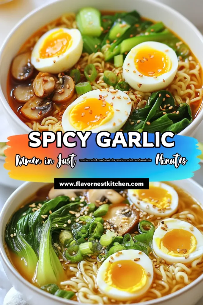 Craving a delicious homemade spicy ramen? Try this easy spicy garlic ramen recipe that transforms simple instant ramen into a flavorful bowl of goodness! Using a savory vegetarian ramen broth and packed with garlic and mushrooms, this easy ramen noodle soup is perfect for any day. Top with a soft-boiled egg for extra texture. Save this recipe and enjoy your ultimate comfort food! #SpicyGarlicRamen #InstantRamenRecipe #EasyRamenNoodleSoup #HomemadeSpicyRamen