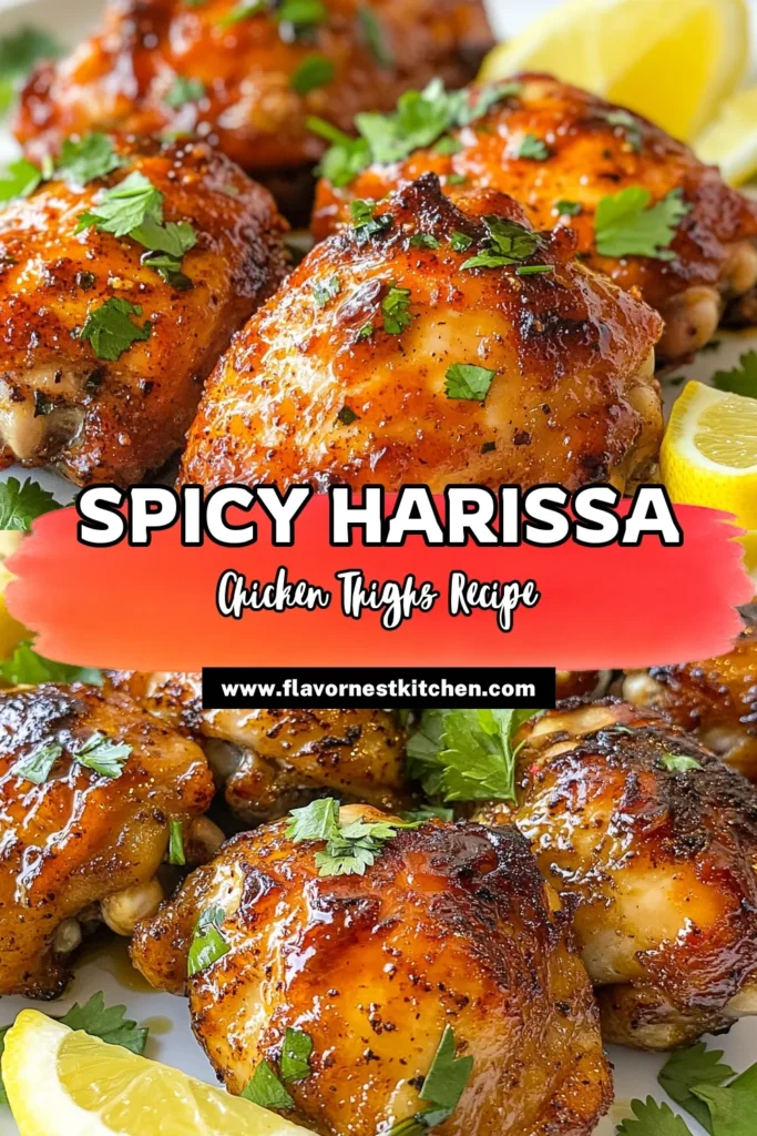 Discover the deliciousness of harissa chicken thighs in this easy chicken dinner recipe! Bursting with flavor, these spicy chicken thighs are marinated to perfection, baked for a crispy finish, and perfect for any occasion. Try this marinated chicken recipe for a quick weeknight meal that will impress your family and guests. Click to save and enjoy this tasty spicy chicken recipe tonight! #HarissaChickenThighs #EasyDinner #BakedChickenThighs #SpicyChickenRecipe