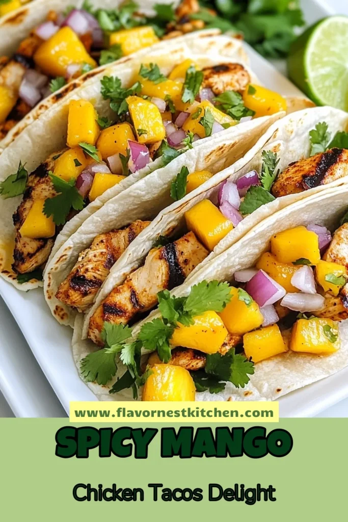 Discover the deliciousness of Spicy Mango Chicken Tacos! This easy chicken tacos recipe features grilled chicken marinated in bold spices and paired with sweet, juicy mango. Perfect for taco night, these Spicy Chicken and Mango Tacos are a must-try among Mexican taco recipes. Impress your friends and family with this vibrant dish! Save this recipe for your next meal! #SpicyMangoChickenTacos #EasyChickenTacosRecipe #MexicanTacoRecipes #GrilledChickenTacosWithMango