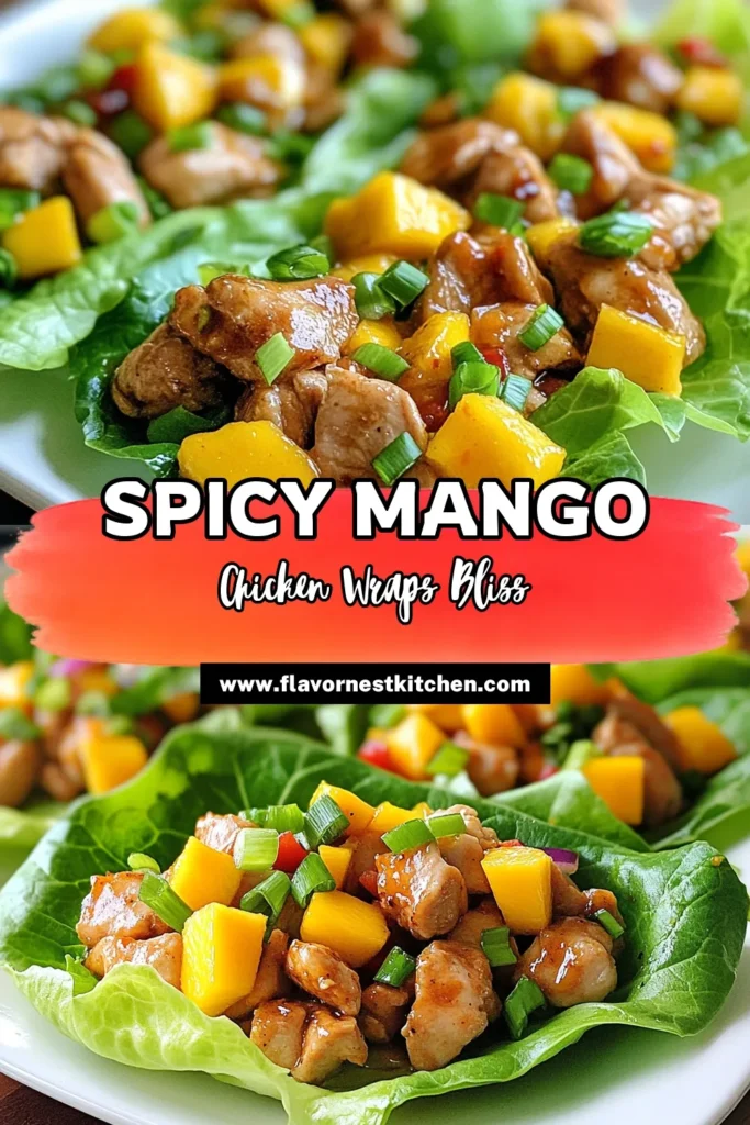 Discover a delicious and healthy chicken lettuce wraps recipe with these spicy mango chicken wraps! Perfect for a quick weeknight meal, this easy spicy chicken dish combines tender chicken, fresh mango, and vibrant veggies, all wrapped in crisp lettuce leaves. Perfect for meal prep or entertaining, this mango chicken recipe is a must-try. Don't forget to save this recipe for your next healthy dinner! #LettuceWrapRecipes #HealthyChickenLettuceWraps #SpicyMangoChickenWraps #MangoChickenRecipe