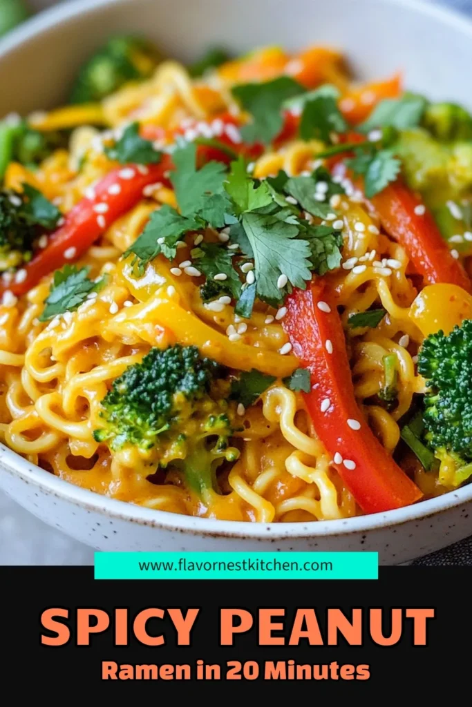 Savor this spicy peanut ramen that blends delicious vegan ramen noodles with rich peanut butter sauce for a quick dinner idea. This easy ramen recipe is ready in just 20 minutes, making it perfect for busy nights. Enjoy a flavorful meal that's not just vegan but also full of veggies. Try this spicy peanut ramen tonight! Don't forget to save for later! #SpicyPeanutRamen #EasyRamenRecipe #VeganRamen #QuickDinnerIdeas