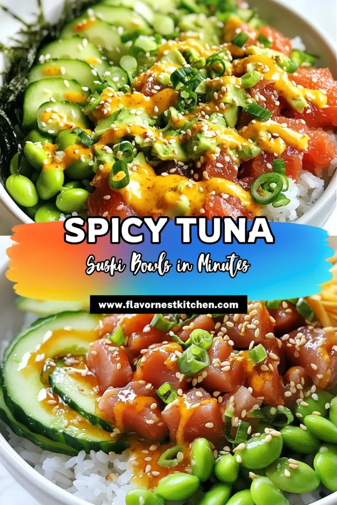 Indulge in this delicious spicy tuna sushi bowl recipe that's perfect for sushi lovers! Learn sushi rice preparation with our simple steps and elevate your bowls with Kewpie mayonnaise sushi for a creamy finish. Discover how to make sushi bowls at home using fresh spicy tuna poke bowl ingredients like cucumber, avocado, and edamame. Get ready to impress at your next meal! Save this recipe for later! #SpicyTuna #SushiBowls #PokeBowl #KewpieMayonnaise