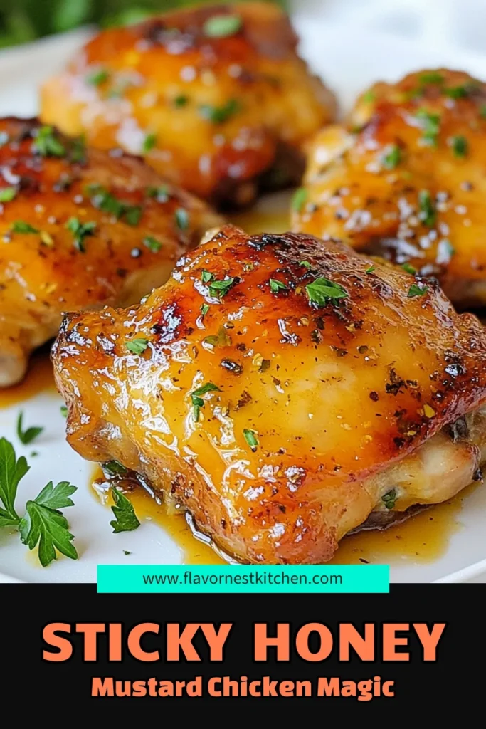 This Honey Mustard Chicken Thighs recipe is the perfect solution for an easy chicken dinner that the whole family will love! With juicy baked chicken thighs coated in a delicious honey Dijon mustard sauce, it's a flavor-packed dish that's quick to make. Elevate your weeknight meals with this simple Chicken with Dijon Mustard recipe. Ready in under an hour, it's a must-try! Save this recipe now for your next dinner! #HoneyMustardChicken #BakedChicken #EasyDinner #ChickenRecipes