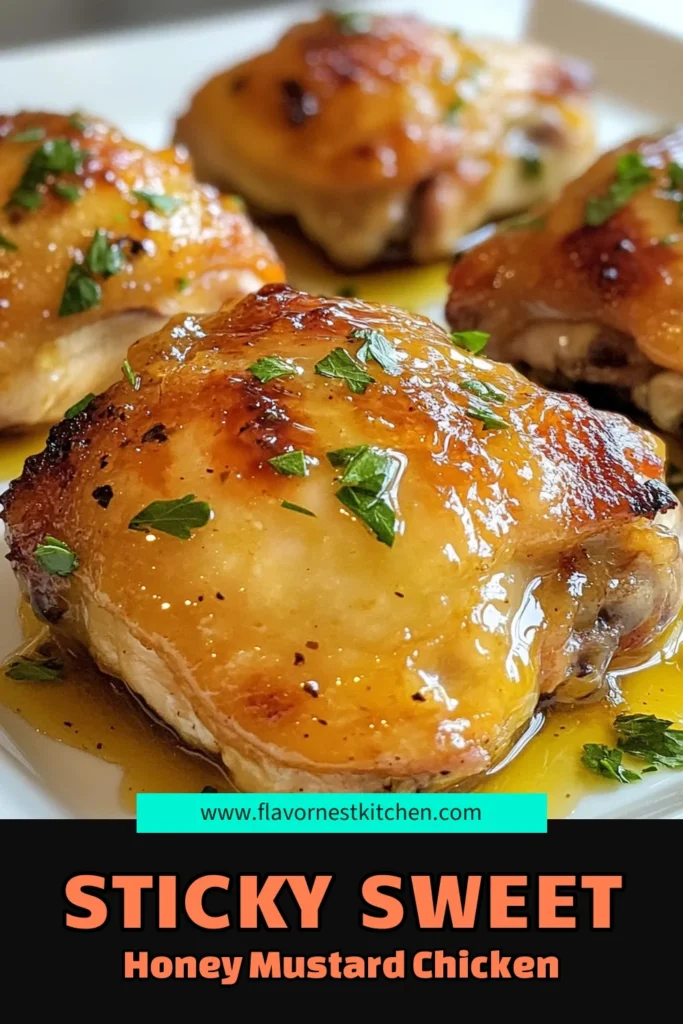 Elevate your dinner with this delicious Honey Mustard Chicken recipe! These crispy baked chicken thighs make for an easy chicken dinner that everyone will love. The garlic honey mustard marinade brings a burst of flavor that pairs perfectly with tender chicken. Try this simple baked chicken thighs recipe tonight and impress your family and friends! Save for later! #HoneyMustardChicken #EasyChickenDinner #CrispyChickenThighs #BakedChickenThighsRecipe