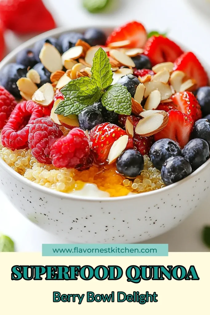 Start your morning right with this delicious quinoa berry breakfast bowl! Packed with nutrients, this berry breakfast recipe features cooked quinoa, mixed berries, almond milk, and chia seeds for a healthy quinoa bowl that’s both satisfying and easy to make. Discover nutritious breakfast ideas that are perfect for busy days. Give it a try and elevate your breakfast game today! #QuinoaBreakfastBowl #BerryBreakfastRecipe #HealthyBreakfast #ChiaSeedRecipes