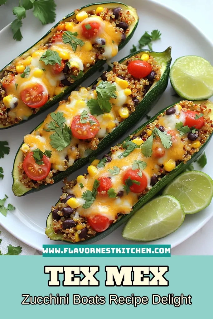 Discover a delicious and healthy Tex Mex Zucchini Boats recipe that's perfect for any meal! These Quinoa Stuffed Zucchini are loaded with black beans, corn, and topped with cheddar cheese, making them a flavorful Vegetarian Stuffed Zucchini Recipe. Perfect for a nutritious dinner, this Stuffed Zucchini with Beans is easy to make and bursting with Tex Mex flavors. Try this Healthy Tex Mex Recipe today and impress your family! Save for later! #TexMex #StuffedZucchini #HealthyRecipes #Quinoa