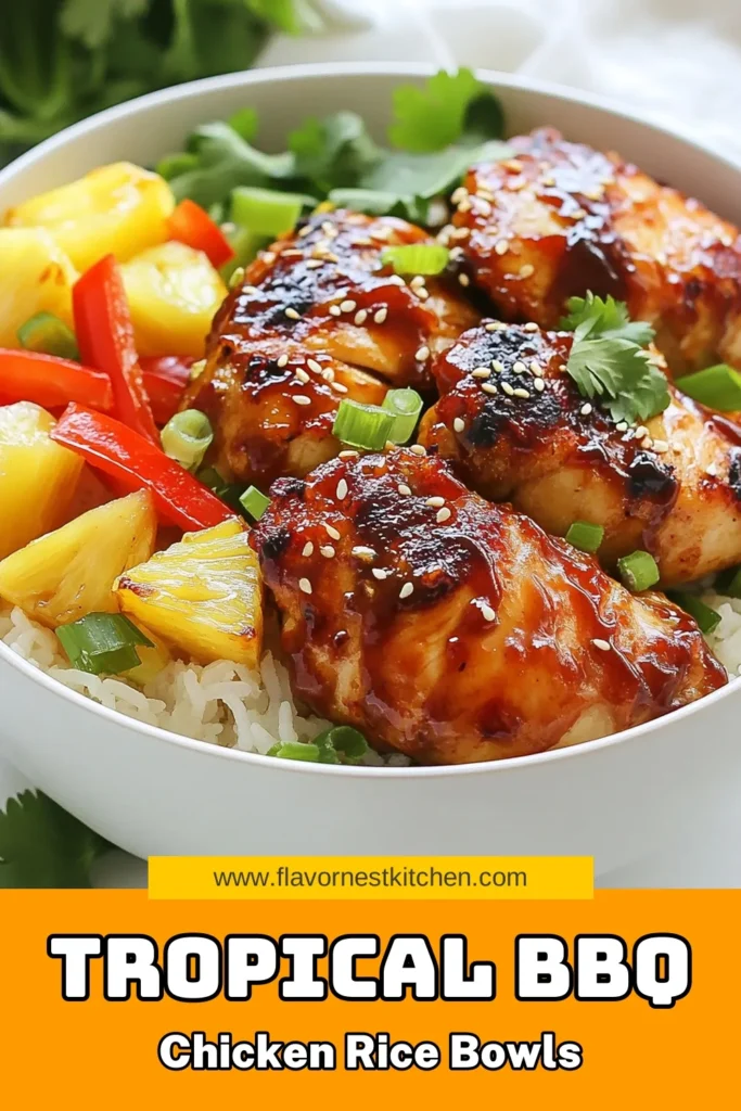 Create a tropical feast with these Hawaiian BBQ chicken rice bowls! This easy Hawaiian BBQ recipe features juicy chicken thighs marinated in a delicious BBQ sauce, paired with fluffy jasmine rice and sweet pineapple chunks. Perfect for a quick dinner, this tropical chicken rice bowl recipe is sure to impress. Drizzle with extra BBQ sauce for the ultimate flavor! Save it for your next meal! #HawaiianBBQ #ChickenRiceBowl #EasyRecipe #PineappleDinner