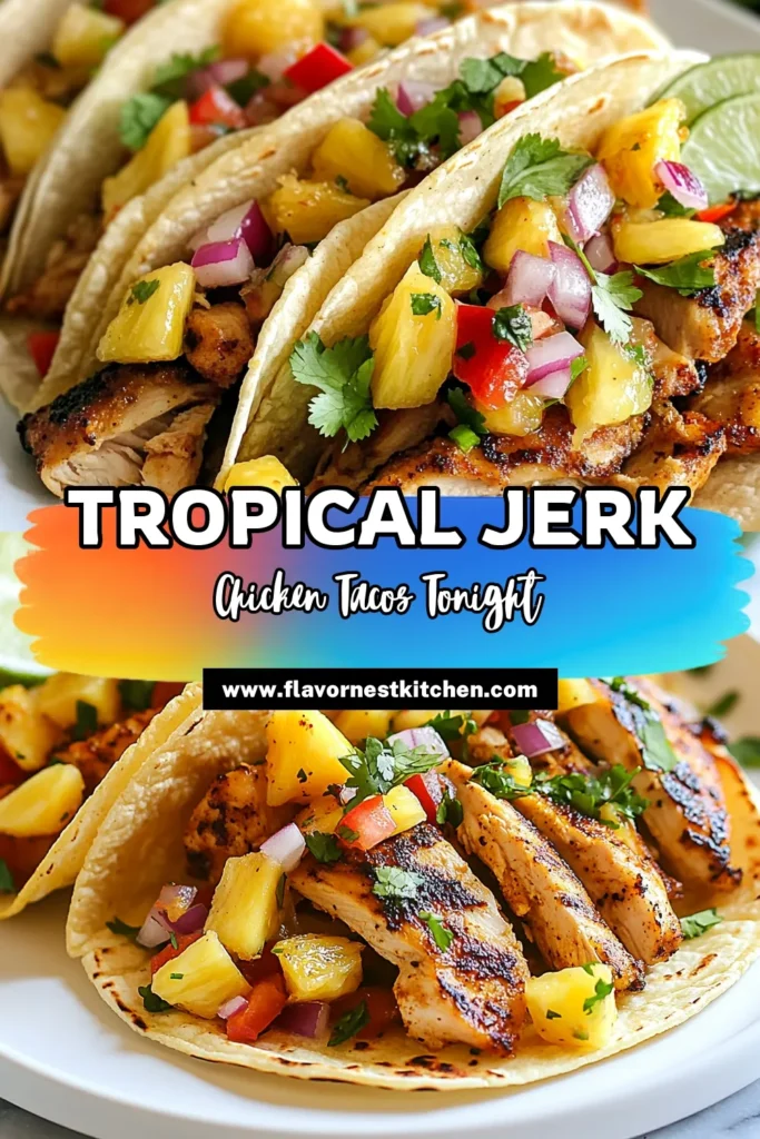Discover the irresistible flavors of Tropical Jerk Chicken Tacos with this easy Jamaican jerk chicken recipe! Juicy grilled chicken thighs marinated in authentic jerk seasoning come alive with a zesty pineapple salsa. These grilled chicken tacos are perfect for a quick weeknight dinner or a fun gathering. Don't miss out—try this delicious twist on taco night! Save or share for your next meal inspiration! #TacoTuesday #JamaicanJerk #Foodie #EasyRecipes