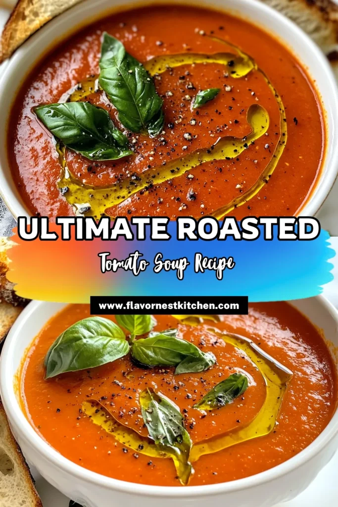 Savor the rich flavors of Roasted Tomato Basil Soup with this easy tomato soup recipe that’s perfect for any occasion. Made with ripe tomatoes, fresh basil, and optional heavy cream for that creamy tomato soup touch, this homemade soup recipe is delicious and comforting. Enjoy it warm, garnished with fresh basil. Try this fresh basil recipe today! Save for later! #RoastedTomatoBasilSoup #EasyTomatoSoup #HomemadeSoupRecipes #CreamyTomatoSoupRecipe