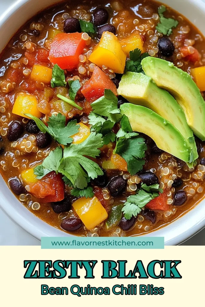 Craving a healthy and zesty meal? Try this easy vegetarian chili recipe featuring black bean quinoa chili that’s packed with flavor! Our healthy quinoa chili combines hearty black beans, fresh veggies, and spices for a satisfying dish. Whip up this vegan black bean chili recipe in just 35 minutes and enjoy a nutritious dinner. Perfect for meal prep or cozy nights! Save this zesty chili with black beans for your next culinary adventure! #ChiliRecipe #VeganMeals #HealthyEating #QuinoaDishes