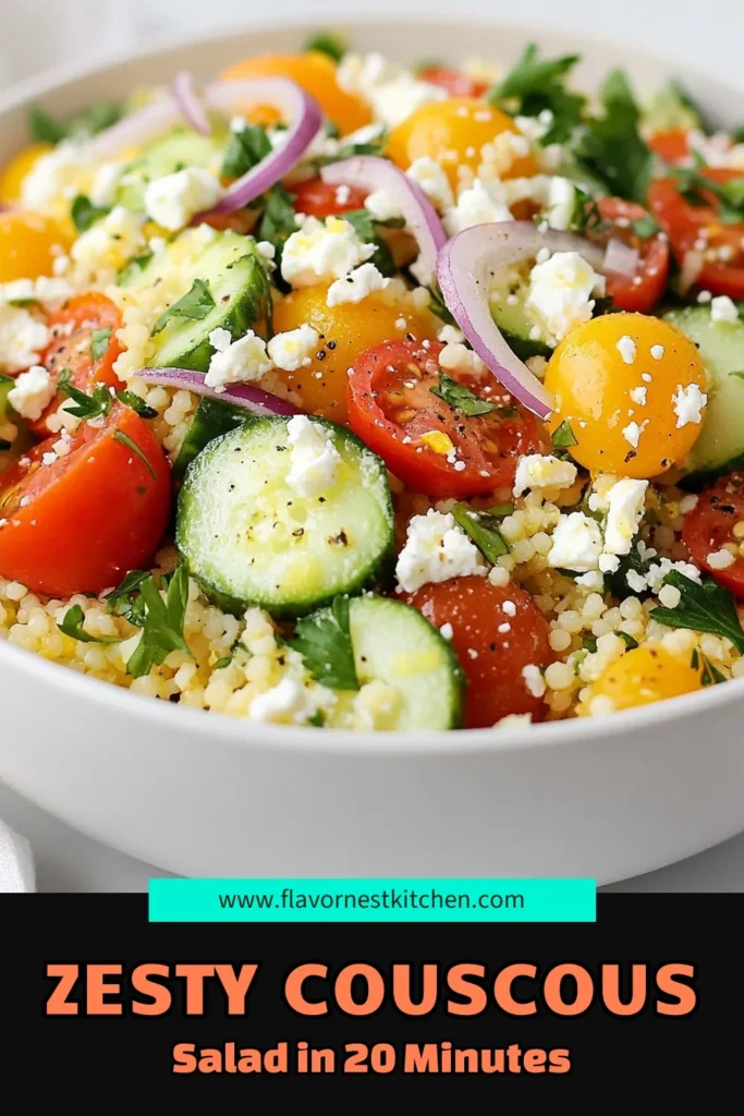 Discover the refreshing flavor of this Lemon Herb Couscous Salad, a delightful Zesty Couscous Recipe perfect for any meal. Packed with fresh ingredients like cherry tomatoes, cucumber, and feta, this Mediterranean Couscous Salad is not only vibrant but also a healthy choice. In just 20 minutes, you can whip up this Fresh Couscous Salad with Feta that’s sure to impress. Save this recipe for your next gathering! #CouscousSalad #HealthyRecipes #MediterraneanFood #FreshSalad