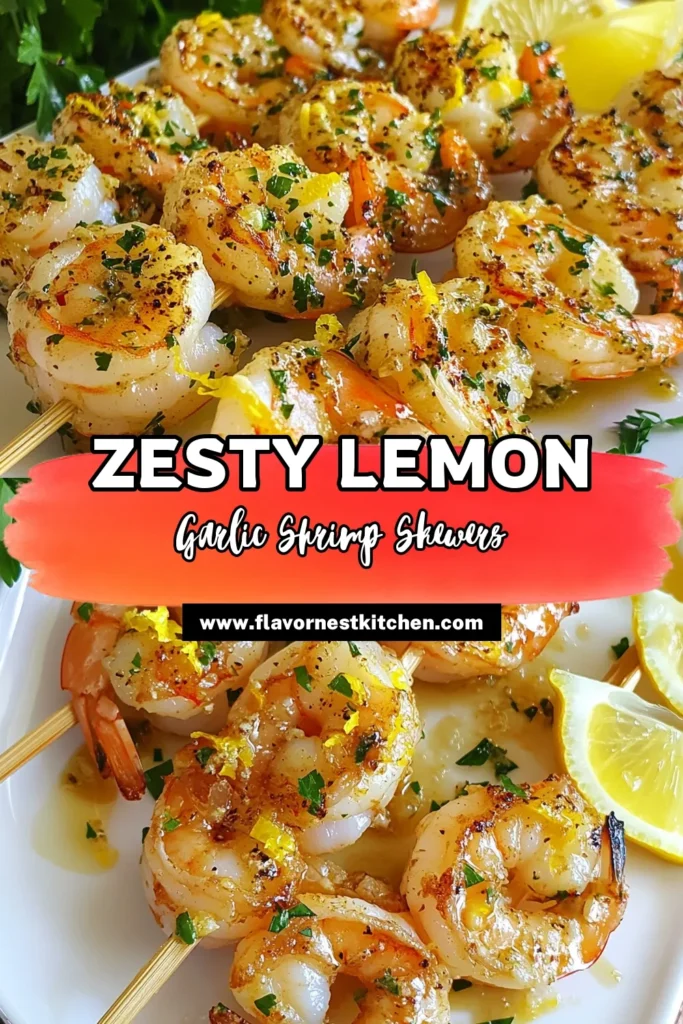 Savor the deliciousness of Lemon Garlic Shrimp Skewers! This grilled shrimp recipe is perfect for easy weeknight dinners or summer barbecues. With a simple shrimp marinade recipe that features zesty lemon, fresh garlic, and a hint of spice, these easy shrimp skewers are packed with flavor. Elevate your seafood game today—try this Lemon Garlic Seafood dish and impress your guests! Save this recipe for your next cookout! #ShrimpSkewers #GrilledShrimp #SeafoodRecipes #EasyRecipes