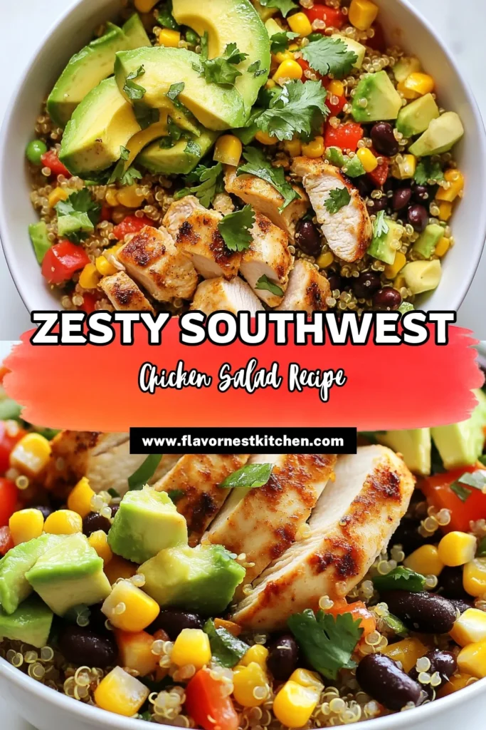 Discover this delicious Southwest Chicken Quinoa Salad, a fantastic Quinoa Salad Recipe packed with flavor and nutrients. Perfect for a Healthy Chicken Salad or an easy Quinoa Bowl Recipe, this dish combines tender chicken, hearty quinoa, black beans, and fresh avocado. Enjoy a vibrant Avocado Salad that’s both filling and healthy. Try it today and add a burst of flavor to your meals! Save this recipe for later! #SouthwestChickenSalad #HealthyRecipes #QuinoaSalad #MealPrep