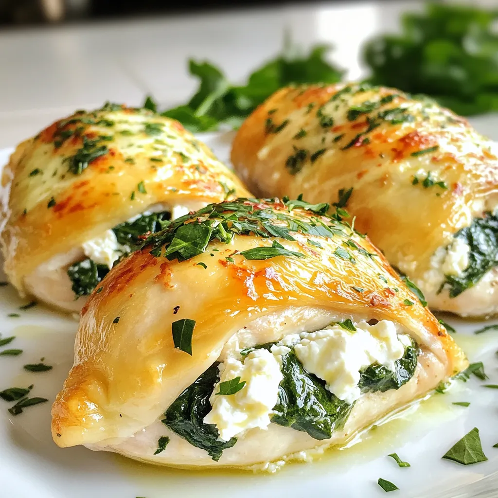 - 4 boneless, skinless chicken breasts - 2 cups fresh spinach, chopped - 1 cup feta cheese, crumbled - 2 cloves garlic, minced - 1/4 cup cream cheese, softened - 1 tablespoon olive oil - 1 teaspoon dried oregano - 1/2 teaspoon black pepper - 1/2 teaspoon salt - Toothpicks or kitchen twine In this dish, each ingredient plays an important role. The chicken breasts serve as the main star, providing a juicy base. Fresh spinach brings a bright color and nutrients to the party. Feta cheese adds a tangy flavor that pairs well with the creamy texture. Garlic gives the filling a lovely aroma and warmth. Cream cheese creates a rich and smooth filling that binds everything together. Using olive oil helps sauté the garlic and spinach, enhancing their taste. Dried oregano adds an earthy note, while salt and pepper bring out the flavors. Toothpicks or kitchen twine will secure the chicken, keeping the filling inside during cooking. Each element combines to create a flavorful delight that will impress anyone who tries it. {{ingredient_image_1}} - Preheat your oven to 375°F (190°C). This ensures even cooking for your chicken. - Carefully slice each chicken breast horizontally. Create a pocket for the filling. Be sure not to cut all the way through. - In a skillet, heat olive oil over medium heat. Add minced garlic and sauté for about 1 minute. This releases a lovely aroma. - Add the chopped spinach to the skillet. Cook until wilted, about 2-3 minutes. Remove from heat. - In a mixing bowl, combine the cooked spinach, feta cheese, cream cheese, dried oregano, salt, and pepper. Mix until well combined. This filling is rich and flavorful. - Stuff each chicken breast with the spinach feta mixture. Disperse it evenly among the breasts. - Use toothpicks or kitchen twine to secure the openings. This keeps the filling inside while baking. - Place the stuffed chicken breasts in a greased baking dish. Season the tops with a pinch of salt and pepper. - Bake in the preheated oven for 25-30 minutes. Check that the chicken reaches an internal temperature of 165°F (75°C). This step is crucial for safety. To ensure even stuffing, first, slice the chicken breast carefully. Make a pocket, but don’t cut all the way through. This keeps the filling inside. Use a spoon to fill the pocket. Press the mixture down gently. This helps it fit better. To avoid leaks during baking, secure the openings well. Use toothpicks or kitchen twine to hold the chicken closed. This keeps the filling from spilling out. To check for doneness, use a meat thermometer. The chicken should reach 165°F (75°C) inside. This ensures it is safe to eat. For juicy chicken, let it rest after baking. Resting allows the juices to spread throughout. This makes each bite moist and tasty. Serve the stuffed chicken breasts on a colorful platter. Add a side of roasted vegetables or a fresh garden salad. This creates a beautiful meal. For garnishing, sprinkle fresh herbs like parsley or basil on top. This adds color and flavor. You can also add lemon wedges for a zesty touch. Pro Tips Use Fresh Spinach: Fresh spinach will yield a brighter flavor and better texture than frozen spinach, ensuring your stuffing is vibrant and delicious. Secure Properly: Make sure to securely fasten the openings of the chicken breasts with toothpicks or kitchen twine to prevent the filling from leaking out while baking. Check Internal Temperature: Always use a meat thermometer to ensure your chicken reaches an internal temperature of 165°F (75°C) for safe consumption. Let It Rest: Allow the stuffed chicken breasts to rest for at least 5 minutes after baking. This helps redistribute the juices and makes for a juicier bite. {{image_2}} You can switch up the cheese in this dish. Try mozzarella for a milder taste. Goat cheese adds tang and creaminess. You could also use ricotta for a rich texture. If you want more veggies, consider adding roasted red peppers or artichokes. These will enhance the flavor and add color to your meal. You can grill or bake the chicken. Baking gives you juicy meat, while grilling adds a nice char. For a quick option, use an air fryer. It cooks the chicken fast and keeps it tender. An Instant Pot is great too. It locks in moisture and cooks the chicken evenly. To boost flavor, add spices like paprika or cumin. Fresh herbs like basil or parsley can brighten the dish. A squeeze of lemon juice adds a nice zing. Pair the chicken with a creamy sauce or a tangy yogurt dip. This will elevate the meal and add depth to each bite. - Store leftover stuffed chicken in an airtight container. - Refrigerate within two hours of cooking. - Use the leftovers within three days for best taste. - For freezing, wrap each chicken breast tightly in plastic wrap. - Place wrapped chicken in a freezer-safe bag or container. - Freeze for up to three months for optimal flavor. - To reheat, preheat your oven to 350°F (175°C). - Place chicken in a baking dish and cover with foil. - Heat for about 15-20 minutes until warm. - You can also reheat in the microwave. - Use a lower power setting to keep the chicken moist. - Add a splash of broth or water to prevent drying out. - For best results, enjoy your leftovers within a few days. You can pair this dish with many tasty sides. Here are some ideas: - Roasted vegetables like carrots, zucchini, or bell peppers - A fresh garden salad with a light vinaigrette - Quinoa or rice for a hearty grain option - Garlic bread or a nice crusty loaf for dipping Each of these sides adds flavor and balance to your meal. Yes, you can make this dish ahead of time. Here are some tips: - Stuff the chicken breasts the night before. - Store them in the fridge until you are ready to bake. - You can also bake them and reheat later. Just make sure they are covered to keep them moist. Meal prep makes dinner easy on busy nights. You can easily make this dish dairy-free with simple swaps. Consider these options: - Use dairy-free cream cheese or cashew cheese instead of regular cream cheese. - Replace feta cheese with a dairy-free feta alternative or nutritional yeast for flavor. These changes keep the dish tasty and suitable for dairy-free diets. This blog post shared how to make delicious Spinach Feta Stuffed Chicken Breasts. We covered the key ingredients like chicken, spinach, and feta. The step-by-step instructions showed you how to prepare, stuff, and bake the chicken perfectly. I included tips to avoid leaks and ensure juicy meat. Variations let you try different fillings and cooking methods. Finally, storage tips help keep leftovers fresh. With these ideas, you can enjoy a tasty meal now and later. Enjoy making this dish!