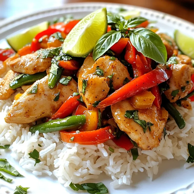 - 2 tablespoons vegetable oil - 1 pound boneless chicken thighs, thinly sliced - 4 cloves garlic, minced - 2 bird's eye chilies, finely sliced - 1 red bell pepper, sliced - 1 cup green beans, trimmed and cut into 2-inch pieces - 3 tablespoons soy sauce - 1 tablespoon oyster sauce - 1 teaspoon sugar - 2 cups fresh Thai basil leaves - Cooked jasmine rice, for serving These ingredients form the backbone of Thai basil chicken. The chicken gives you a rich protein base. Garlic adds a lovely aroma. The chilies bring heat, and the bell pepper adds color. Green beans add crunch and freshness. - Lime wedges for serving - Additional fresh basil for garnish - Chopped scallions for a pop of flavor Using lime wedges can brighten the dish. Extra basil enhances the herbal notes. Scallions add a fresh touch, making your meal even more appealing. - Use mushroom sauce instead of oyster sauce for a vegetarian option. - Swap chicken thighs for chicken breast or tofu for a lighter dish. - If you dislike heat, remove chilies or use bell peppers instead. These substitutions keep the dish flexible for various diets. You can easily make this meal fit your taste and needs. Adjusting ingredients can still yield delicious results. {{ingredient_image_1}} Start by gathering your ingredients. For this dish, you will need boneless chicken thighs, garlic, chilies, red bell pepper, green beans, soy sauce, oyster sauce, sugar, and fresh Thai basil leaves. Slice the chicken into thin pieces. Mince the garlic and slice the chilies finely. Cut the red bell pepper into strips and trim the green beans. This prep makes cooking much easier and faster. Heat two tablespoons of vegetable oil in a large skillet or wok. Set the heat to medium-high. Once the oil is hot, add the minced garlic and sliced chilies. Stir-fry for about 30 seconds. You want the mix to smell great but not burn. Next, raise the heat to high. Add the sliced chicken thighs. Cook for about four to five minutes. Keep stirring until the chicken turns brown and is cooked through. Now, it’s time to add the veggies. Toss in the sliced red bell pepper and green beans. Stir-fry for another three to four minutes. The goal is to get them tender but still crisp. In a small bowl, mix the soy sauce, oyster sauce, and sugar. Pour this sauce over the chicken and vegetables. Toss everything together until well coated. Remove the skillet from the heat and gently fold in the fresh Thai basil leaves. They should wilt slightly from the heat. Serve the Thai basil chicken over cooked jasmine rice. Enjoy! To get the best stir-fry, start with a hot pan. Heat your oil until it shimmers. This helps to sear the chicken and lock in flavor. Slice the chicken thin for quick cooking. Stir often to keep it from sticking. This gives you that nice, tender bite. Bird's eye chilies pack a punch. If you like heat, keep them in. For less spice, remove the seeds before slicing. You can also use fewer chilies. Taste as you go to find your perfect heat level. Remember, you can always add more later. Fresh Thai basil is key to this dish. Add it at the end of cooking. This keeps the leaves bright and fragrant. Use your hands to tear the leaves for more flavor. If you can, use fresh basil only. Dried basil won't give you the same taste. Enjoy its unique aroma and taste in every bite! Pro Tips Adjust Spice Level: If you're sensitive to spice, start with one chili and gradually add more to suit your taste. Fresh Basil is Key: Use fresh Thai basil for a vibrant flavor; avoid dried basil as it won't provide the same aromatic qualities. Cook Chicken in Batches: If your pan isn't large enough, cook the chicken in batches to ensure even cooking and browning. Perfect Rice: Rinse jasmine rice before cooking to remove excess starch, resulting in fluffy, non-sticky grains. {{image_2}} You can easily make Thai basil chicken vegetarian or vegan. Use mushroom sauce instead of oyster sauce. For protein, try using firm tofu. Press the tofu to remove water, then cut it into bite-sized pieces. Sauté it just like you would with chicken. This method keeps the dish tasty and satisfying. If you want to change up the protein, consider using beef or shrimp. For beef, choose flank steak or sirloin. Slice the meat thinly for quick cooking. For shrimp, use peeled and deveined shrimp. Both options cook fast and absorb the flavors well. Adjust the cooking time to ensure the protein is cooked through. Adding spices can give your Thai basil chicken a new twist. Try adding ginger for warmth. A dash of chili flakes boosts the heat. For a sweet touch, consider adding a bit of pineapple. You can also mix in some lime zest for freshness. These small changes can make your dish unique and exciting. To keep your Thai basil chicken fresh, store leftovers in an airtight container. Make sure to cool it down first. Place it in the fridge within two hours of cooking. It will last about three to four days. If you want to enjoy it later, consider freezing it. When reheating, use a skillet on low heat. Add a splash of water or broth to keep it moist. Stir it often to heat evenly. This will help keep the chicken juicy and the veggies crisp. You can also use a microwave. Just cover the dish and heat in short bursts. Stir in between to avoid hot spots. If you plan to freeze your dish, make sure it’s cooled completely. Use freezer-safe containers or bags. Separate servings for easy access later. Thai basil chicken can be frozen for up to three months. When you’re ready, thaw it in the fridge overnight. Reheat as mentioned for the best taste. Thai Basil Chicken comes from Thailand. It uses Thai basil, a special herb. This dish is popular in Thai street food. Chefs make it with chicken, fresh veggies, and a tasty sauce. The bold flavors reflect Thailand's love for spicy food. You can find it in many Thai restaurants around the world. Yes, you can make this dish ahead of time. Cook the chicken and veggies, then let them cool. Store them in the fridge for up to three days. When you are ready to eat, reheat it in a pan. Add fresh Thai basil at the end for the best flavor. Thai Basil Chicken tastes great with jasmine rice. The rice soaks up the sauce well. You can also serve it with a side salad. A fresh cucumber salad works nicely too. For an extra kick, add lime wedges. This brightens the dish and adds a zesty flavor. Thai Basil Chicken is simple to make and very tasty. You learned about essential ingredients, how to prep, and cook this dish step by step. I shared tips for a perfect stir-fry, variations for different diets, and storage advice. Whether you enjoy it with rice or noodles, this meal is flexible. Feel free to make it your own. With the right techniques, you can create a delicious meal that impresses everyone. Enjoy your cooking journey!