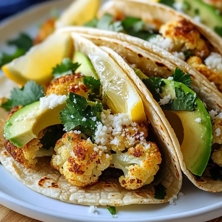 - 1 medium head of cauliflower, cut into small florets - 3 tablespoons olive oil - Zest of 1 lemon - Juice of 1 lemon - ½ cup grated Parmesan cheese - 1 teaspoon garlic powder - 1 teaspoon smoked paprika - Salt and pepper to taste - 8 small corn or flour tortillas - 1 avocado, sliced - Fresh cilantro, for garnish - Optional: Hot sauce for serving Using fresh ingredients makes a big difference in taste. Fresh cauliflower has a crisp texture and a mild flavor that absorbs seasonings well. Fresh lemons add a bright, tangy flavor that lifts the dish. This zest and juice enhance the cauliflower and keep the tacos vibrant. Fresh herbs, like cilantro, add color and aroma. When you use fresh ingredients, your tacos will burst with flavor. If you can’t find cauliflower, try broccoli or Brussels sprouts. They roast well and taste great too. For a dairy-free option, use nutritional yeast instead of Parmesan cheese. You can also swap olive oil for avocado oil if you prefer. If you want a gluten-free option, use corn tortillas instead of flour. Feel free to mix and match based on what you have! {{ingredient_image_1}} First, grab a medium head of cauliflower. Cut it into small florets. This helps them cook evenly. Next, in a large mixing bowl, combine the cauliflower with olive oil, lemon zest, lemon juice, garlic powder, smoked paprika, salt, and pepper. Toss everything well. Make sure every floret gets coated. Preheat your oven to 400°F (200°C). Spread the cauliflower on a baking sheet in a single layer. This ensures even cooking. Now, sprinkle the grated Parmesan cheese over the top. Roast the cauliflower for about 25-30 minutes. Stir halfway through for even browning. You want it golden and tender when done. While the cauliflower roasts, warm the tortillas in a dry skillet over medium heat. This makes them soft and easy to fold. Once the cauliflower is ready, let it cool slightly. To assemble, spoon the roasted lemon Parmesan cauliflower onto each tortilla. Add sliced avocado and fresh cilantro on top. If you like heat, drizzle on some hot sauce. Enjoy your fresh and flavorful tacos! Roasting cauliflower brings out its natural sweetness. Start by cutting the cauliflower into small florets. Smaller pieces roast more evenly and get crisp. Toss the florets in olive oil, lemon zest, and spices. Make sure they are well-coated. This helps the flavors stick. Spread the cauliflower in a single layer on your baking sheet. This way, they roast well without steaming. Lemon and Parmesan work great together, but you can mix it up. Try adding chili powder for heat. Cumin adds warmth and depth. For a fresh twist, toss in some chopped garlic or onion. Don't forget about herbs! Fresh cilantro adds brightness. You can also squeeze more lemon juice before serving. This enhances the citrus flavor and freshness. To serve these tacos, use small corn or flour tortillas. Warm them in a pan for a few seconds. This makes them soft and tasty. Spoon the roasted cauliflower onto each tortilla. Add sliced avocado for creaminess. Fresh cilantro on top makes it look pretty. For an extra kick, drizzle hot sauce over the tacos. For a vibrant look, serve the tacos on a colorful platter. Add lemon wedges and more cilantro as garnish. These small touches make your meal feel special. Pro Tips Perfectly Roasted Cauliflower: For the best texture, ensure that the cauliflower florets are cut into uniform sizes to promote even roasting. Cheese Variation: Try using different types of cheese, like feta or cotija, for a unique flavor twist. Fresh Herb Boost: Add other fresh herbs like parsley or dill for extra freshness and flavor in your tacos. Make-Ahead Option: Roast the cauliflower ahead of time and reheat it in the oven before serving for a quick meal solution. {{image_2}} You can easily make these tacos vegetarian or vegan. To make them vegan, skip the Parmesan cheese. Instead, use nutritional yeast for a cheesy flavor. You can also add more spices, like chili powder, to boost the taste. This way, you still enjoy rich flavors without dairy. If you want gluten-free options, choose corn tortillas. They are tasty and perfect for these tacos. You can also find gluten-free wraps at the store. Just make sure to read the labels before buying. This way, you can enjoy the tacos without worrying about gluten. Toppings can take your tacos to the next level. Try adding sliced jalapeños for heat. Fresh lime juice adds a zesty kick. You can also use a drizzle of creamy avocado sauce or tahini. Fresh herbs, like dill or mint, bring a new flavor twist. Mix and match these toppings to create your perfect taco! After enjoying your Lemon Parmesan Cauliflower Tacos, store any leftovers in an airtight container. Place the cauliflower and toppings separately. This keeps the tortillas from getting soggy. You can keep them in the fridge for up to three days. When you’re ready to eat, grab the container and enjoy! To reheat the cauliflower, use an oven or a skillet. Preheat your oven to 350°F (175°C). Spread the cauliflower on a baking sheet and heat for about 10-15 minutes. This keeps the crispiness intact. If you use a skillet, warm it over medium heat. Stir the cauliflower for about five minutes until it's heated through. For the tortillas, warm them briefly in a dry skillet to make them soft again. You can freeze the roasted cauliflower for longer storage. Place the cooled cauliflower in a freezer-safe bag. Remove as much air as possible. Label the bag and store it in the freezer for up to three months. When you’re ready to eat, thaw it overnight in the fridge. Then, reheat it as mentioned above. Note that the tortillas do not freeze well, so it's best to enjoy them fresh. Yes, you can prepare these tacos in advance. Cook the cauliflower and store it in an airtight container. Keep the tortillas and toppings separate. When you're ready to eat, heat the cauliflower and warm the tortillas. This way, you enjoy fresh tacos without the last-minute rush. You can use many vegetables for these tacos. Bell peppers add sweetness. Zucchini gives a great crunch. Mushrooms offer a nice earthy flavor. You can even mix in some spinach for extra greens. Feel free to experiment and find your favorite combo! To add heat, try a few options. Add diced jalapeños to the cauliflower mix. A dash of cayenne pepper also works well. You can drizzle hot sauce over the tacos before serving, too. Adjust the spice to match your taste! Lemon Parmesan Cauliflower Tacos are simple and tasty. We covered key ingredients and why fresh ones matter. I shared how to prepare and roast cauliflower for great flavor. You can also make these tacos vegetarian or gluten-free. Remember, proper storage keeps leftovers fresh for later. These tacos are fun to make and eat. Try different veggies and toppings for more flavor. Enjoy your cooking and happy eating!