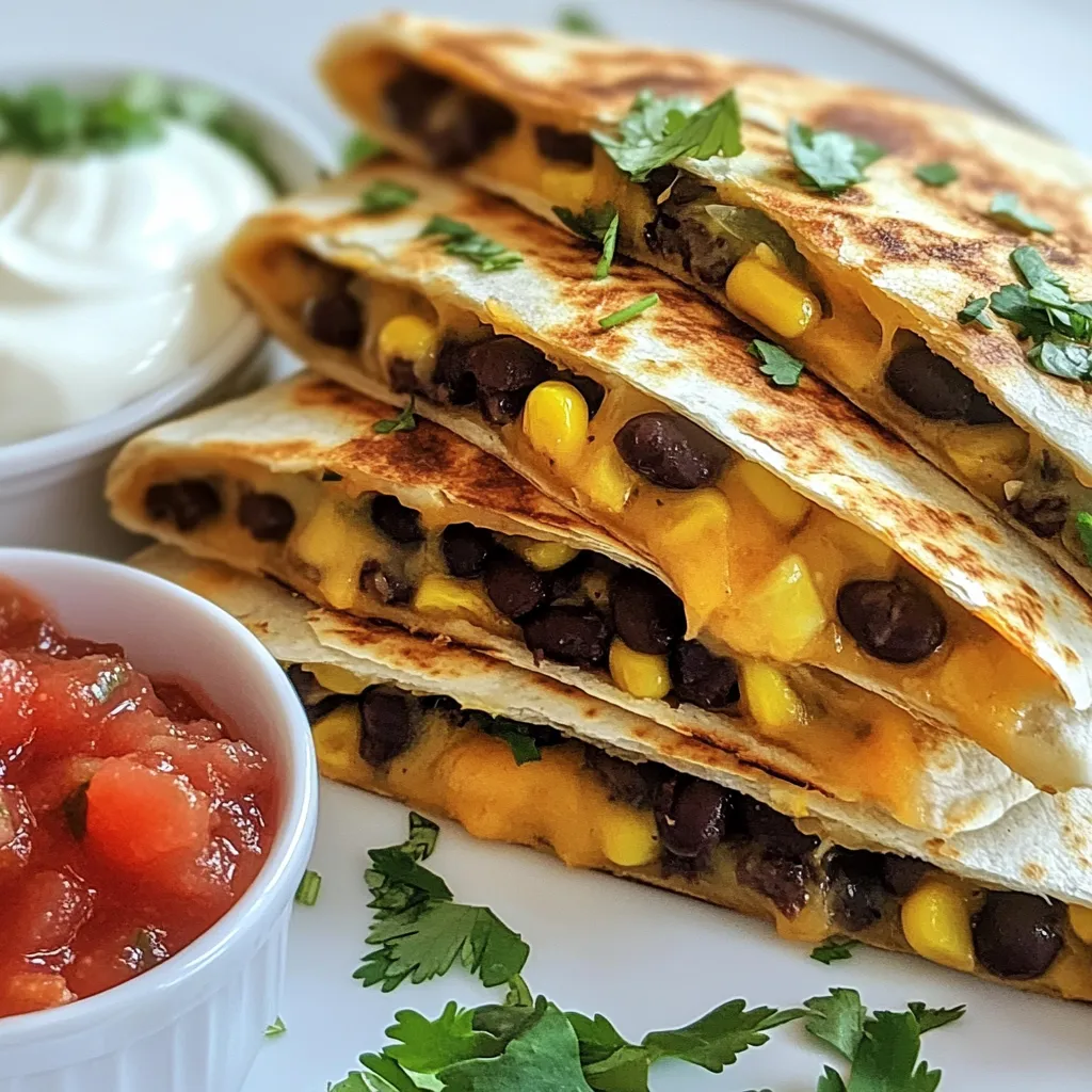 To create these tasty spicy black bean quesadillas, gather these key items: - 1 can (15 oz) black beans, drained and rinsed - 1 cup corn (fresh, frozen, or canned) - 1 small red onion, finely chopped - 2 cloves garlic, minced - 1 jalapeño, finely diced (remove seeds for less heat) - 1 teaspoon cumin - 1 teaspoon chili powder - 1 cup shredded cheese (cheddar or Monterey Jack) - 4 large flour tortillas - 2 tablespoons olive oil - Salt and pepper to taste These ingredients work together to create a filling that is both hearty and flavorful. The black beans provide protein and fiber, while the corn adds sweetness. Feel free to add your own twist! Here are some optional ingredients: - Bell peppers for extra crunch - Spinach or kale for added greens - Avocado slices for creaminess - A splash of lime juice for zest These extras let you make the recipe your own! Garnishes and sides enhance the meal. Here are some ideas: - Fresh cilantro, chopped - Sour cream for creaminess - Salsa for extra flavor - Guacamole for a rich dip These toppings make your quesadillas even more enjoyable. Each bite becomes a burst of flavor! {{ingredient_image_1}} To start, gather your ingredients. You will need black beans, corn, red onion, garlic, jalapeño, cumin, chili powder, and some salt and pepper. 1. Heat 1 tablespoon of olive oil in a large skillet over medium heat. 2. Add the chopped red onion and minced garlic. Cook for about 2-3 minutes. The onion should look soft and clear. 3. Next, add the diced jalapeño, cumin, and chili powder. Stir this mix for one minute. This helps the spices release their flavors. 4. Now, stir in the black beans and corn. Season with salt and pepper. Cook for another 3-4 minutes. You want everything warm and well mixed. Now it's time to make the quesadillas. 1. Take another non-stick skillet and heat 1 tablespoon of olive oil over medium-low heat. 2. Place one large tortilla in the skillet. 3. On one half of the tortilla, spread a good amount of the black bean filling. Top this with shredded cheese. 4. Fold the tortilla over the filling carefully. 5. Cook for about 3-4 minutes until the bottom is golden brown. 6. Flip the quesadilla and cook for another 3-4 minutes. The cheese should melt and the other side should brown too. 7. Remove it from the skillet. Repeat this process with the rest of the tortillas and filling. Getting the right texture is key. - Use medium-low heat. This helps the cheese melt without burning the tortilla. - Don’t overstuff the quesadilla. Too much filling makes it hard to flip. - Let the cooked quesadillas sit for a minute before slicing. This helps the cheese set a bit, making it easier to cut. - Garnish with fresh cilantro and serve warm with sour cream and salsa. Enjoy! To adjust the heat in your spicy black bean quesadillas, focus on the jalapeño. If you like heat, add the seeds. For a milder taste, remove them. You can also add more chili powder or use a hotter pepper like serrano. If you want no heat, skip the jalapeño. Instead, use bell peppers for a sweet taste. Heating tortillas well makes all the difference. Use a dry skillet over medium heat. Warm each tortilla for about 30 seconds on each side. This step makes them soft and easy to fold. You can also wrap them in a damp paper towel and microwave them for 20 seconds. This method keeps them warm and pliable. Cooking multiple quesadillas is simple. Use two skillets at once, if you have them. This way, you can cook more quesadillas in less time. Just keep the heat low to avoid burning. Cook the quesadillas until both sides are golden. You can also keep them warm in an oven set to low heat. This keeps them nice while you finish cooking the rest. Pro Tips Use Fresh Ingredients: Fresh vegetables and herbs will enhance the flavor of your quesadillas. Opt for fresh corn and cilantro for a vibrant taste. Customize the Heat: Adjust the amount of jalapeño based on your heat preference. You can also add crushed red pepper flakes for extra spice. Perfectly Melted Cheese: For the best cheese melt, use a combination of cheeses or grate your own. Pre-packaged shredded cheese often has anti-caking agents that can affect melting. Make Ahead: Prepare the black bean filling in advance and store it in the fridge. This makes assembling the quesadillas quick and easy when you're ready to eat. {{image_2}} You can easily make these quesadillas vegetarian. Skip the cheese and use vegan cheese instead. You can also add more veggies like spinach or bell peppers. They taste great and add color too. Mix up the flavors! Try adding diced tomatoes for freshness. Fresh lime juice can bring a zesty kick. You might also like to add avocado slices for creaminess. Experiment with herbs like oregano or basil for a twist. Want to boost protein? Add cooked chicken or ground turkey to the filling. You can also use tofu for a healthy option. Just make sure to season it well to match the spicy beans. This way, you keep the quesadillas hearty and satisfying. Store leftover quesadillas in an airtight container. Let them cool to room temperature first. This helps keep them fresh and tasty. You can also wrap them tightly in plastic wrap. Keep them in the fridge. They last up to three days. To reheat quesadillas, use a skillet for best results. Heat a non-stick skillet over medium heat. Place the quesadilla in the skillet. Heat for about 2-3 minutes on each side. This keeps the crust crispy and warm. You can also use the microwave. Heat for 30 seconds to 1 minute. But the crust may not stay crisp. Freezing is a great way to save extra quesadillas. First, let them cool completely. Wrap each quesadilla in foil or plastic wrap. Place them in a freezer-safe bag. Label the bag with the date. They stay good for up to three months. To eat, thaw in the fridge overnight. Then reheat in the skillet for the best texture. Yes, you can use different types of cheese. Cheddar and Monterey Jack are great choices. You can also try pepper jack for a spicy kick. If you want a creamier texture, use mozzarella. Mixing cheeses can add depth to the flavor. You can make quesadillas without tortillas by using thin slices of vegetables. Zucchini, eggplant, or bell peppers work well. Just slice them thinly and grill or sauté. Then fill with your black bean mixture and cheese. Cook until the cheese melts. You can serve quesadillas with sour cream and salsa for dipping. Guacamole is also a great choice. A fresh salad or some chips can add crunch. Pair with a side of Mexican rice for a full meal. In this post, I shared the key ingredients for making quesadillas, the preparation steps, and useful tips. Customization options can change the flavor and fit any taste. You can even store leftovers for later meals, ensuring none goes to waste. Enjoy experimenting with different fillings and spices to find what you love most. With this guide, you are well-equipped to make delicious quesadillas. Enjoy cooking and savoring every bite of your creations!