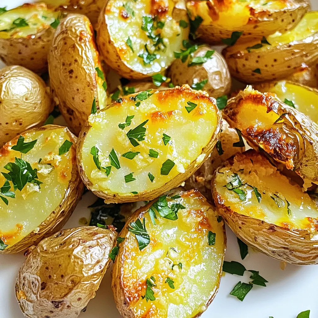 To make Garlic Roasted Fingerling Potatoes, you need a few key ingredients: - 1.5 lbs fingerling potatoes, halved lengthwise - 4 cloves garlic, minced - 3 tablespoons olive oil - 1 teaspoon fresh rosemary, chopped - 1 teaspoon fresh thyme, chopped - Salt and pepper to taste - Zest of 1 lemon These ingredients work together to create a tasty dish. Fingerling potatoes are small, smooth, and have a rich flavor. The garlic adds a strong aroma, while the herbs bring freshness. Olive oil helps in roasting and adds a nice taste. You can change the flavor with some optional seasonings. Here are a few ideas: - Paprika for a smoky touch - Parmesan cheese for a cheesy twist - Crushed red pepper for heat - Fresh basil for a different herb flavor These additions can make your potatoes unique. Feel free to play around with these flavors. You can create your own version of this dish! Garnishes add a visual pop and extra flavor. Here are some great options: - Fresh parsley for a bright green touch - Lemon wedges for added zest - Chopped chives for a mild onion flavor Adding a garnish can make your dish look fancy. It also enhances the taste. Don't skip this step when serving! Start by washing 1.5 pounds of fingerling potatoes. Rinse them under cold water. Next, cut each potato in half lengthwise. This helps them cook evenly. In a large mixing bowl, add the halved potatoes. Now, add 4 cloves of minced garlic. Pour in 3 tablespoons of olive oil. Then, sprinkle in 1 teaspoon of fresh rosemary and 1 teaspoon of fresh thyme. Don't forget to add salt and pepper to taste! Finally, add the zest of 1 lemon. Toss everything together until the potatoes are well coated. Preheat your oven to 425°F (220°C). Spread the coated potatoes on a baking sheet lined with parchment paper. Ensure they are in a single layer for even cooking. Roast them in the oven for about 25 to 30 minutes. Halfway through, stir the potatoes for even browning. They are done when golden brown and crispy. Once finished, take them out and let them cool slightly. Serve them on a platter and sprinkle with fresh parsley for a pop of color. Enjoy your tasty garlic roasted fingerling potatoes! To get crispy garlic roasted fingerling potatoes, start with dry potatoes. After washing, pat them dry with a towel. This helps them crisp up in the oven. Cut them in half lengthwise for even cooking. The more surface area, the crispier they will get. Use high heat, around 425°F (220°C), to roast them. Make sure to spread them out on the baking sheet. If they are too close, they will steam instead of roast. Stir them halfway through cooking to ensure even browning. You can mix up the flavors in this dish. For a spicy kick, add a pinch of red pepper flakes. If you love herbs, try using fresh thyme or dill. You can also swap rosemary for oregano. For a zingy twist, add lemon zest or a splash of balsamic vinegar. The key is to balance the flavors and keep it tasty. Experiment with your favorite flavors to make it your own. Using the right tools makes cooking easier. A large mixing bowl is great for tossing the potatoes. A good chef’s knife helps with cutting. A sturdy baking sheet lined with parchment paper saves cleanup time. A spatula is handy for flipping the potatoes. If you want extra crispiness, consider using a wire rack on your baking sheet. This allows air to flow around the potatoes, making them even crispier. {{image_2}} You can add fresh herbs to change the taste. Try using parsley, dill, or basil. Mix these herbs with minced garlic, olive oil, and your potatoes. This mix will bring a fresh flavor. Use about one tablespoon of each herb for a great taste. If you like heat, add some spice. Use red pepper flakes or cayenne pepper. Toss in about half a teaspoon with garlic, olive oil, and potatoes. This adds a nice kick to your dish. You can also serve it with a yogurt dip to cool it down. For a rich flavor, use butter and lemon. Melt three tablespoons of butter and mix it with garlic and lemon juice. Toss this mix with your potatoes before roasting. The butter will make the potatoes creamy and the lemon will brighten the taste. You can even add lemon zest for extra zing. After you enjoy your garlic roasted fingerling potatoes, store any leftovers. Place them in an airtight container. This keeps them fresh and tasty. They can last in the fridge for up to four days. Make sure they cool down to room temperature first. This helps avoid steam build-up, which can make them soggy. To reheat the potatoes, preheat your oven to 375°F (190°C). Spread the potatoes on a baking sheet. Heat for about 10-15 minutes. This will make them warm and crispy again. If you prefer the microwave, place them on a microwave-safe plate. Heat in short bursts of 30 seconds until warm. The oven is best for keeping the crispness. You can freeze leftover garlic roasted fingerling potatoes. Place them in a freezer-safe bag or container. Squeeze out the air before sealing. They can last in the freezer for up to three months. When you are ready to eat them, thaw in the fridge overnight. Reheat them as mentioned before for the best texture. Fingerling potatoes are small, elongated potatoes. They often have a creamy texture and a rich flavor. Their unique shape makes them fun to cook and eat. You can find them in various colors, like yellow, red, or purple. They cook quickly and roast well, making them perfect for many recipes. You can store roasted fingerling potatoes in the fridge for about 3 to 5 days. Make sure to keep them in an airtight container. If you want to keep them longer, consider freezing them. Frozen roasted potatoes can last for about 1 to 2 months. Just remember, they may lose some texture after freezing. Yes, you can use other types of potatoes. Yukon Gold or baby red potatoes work well. Just keep in mind that cooking times may vary. Cut larger potatoes into smaller pieces to ensure even roasting. The key is to pick potatoes that roast well and have great flavor. This blog post covered how to make garlic roasted fingerling potatoes. We explored key ingredients, optional seasonings, and tasty garnishes. I guided you through easy steps to prepare, mix, and roast your potatoes. You learned tips for crispy texture and variations for extra flavor. Finally, I shared how to store and reheat leftovers. Try these potatoes for your next meal. Enjoy their delicious taste and simple prep!