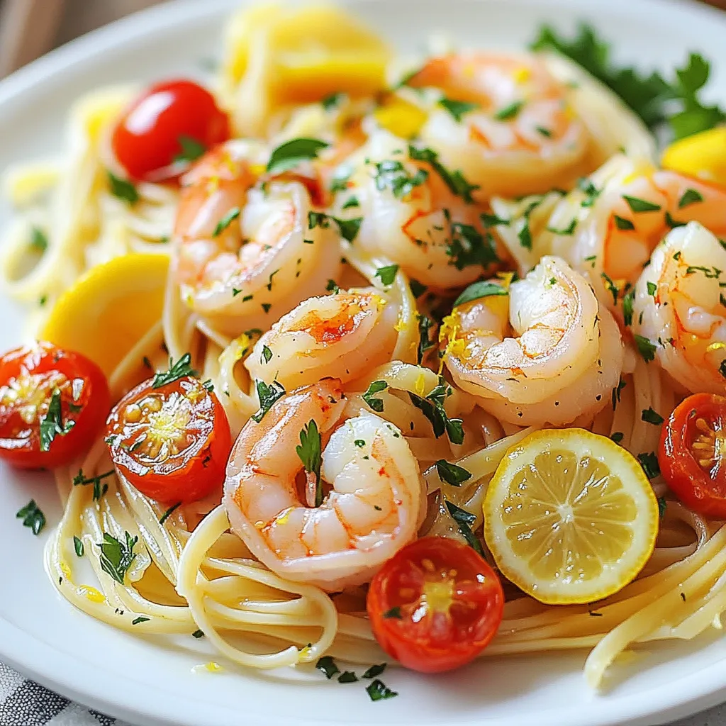 To make Lemon Garlic Shrimp Pasta, you need these simple ingredients: - 8 oz linguine or spaghetti - 1 lb large shrimp, peeled and deveined - 3 tablespoons olive oil - 4 cloves garlic, minced - 1 teaspoon red pepper flakes (adjust to taste) - Zest of 1 lemon - 1/4 cup fresh lemon juice (about 2 lemons) - 1/2 cup cherry tomatoes, halved - 1/4 cup fresh parsley, chopped - Salt and pepper to taste - Grated Parmesan cheese (optional) If you don’t have all the ingredients, here are some easy swaps: - Use any pasta you like, such as fettuccine or penne. - Swap shrimp for scallops or chicken. - Use garlic powder if you run out of fresh garlic. - For a spicy kick, try using fresh chili peppers instead of red pepper flakes. - If you want a twist, add spinach or arugula for extra greens. These swaps keep the dish tasty while fitting your pantry. Here’s a quick look at the nutrition for some of the main ingredients: - Shrimp: High in protein and low in calories. Good source of omega-3 fats. - Olive Oil: Contains healthy fats. It’s good for heart health. - Garlic: Has many health benefits, including boosting your immune system. - Lemon Juice: Rich in vitamin C. Helps with digestion and adds flavor. - Pasta: Provides carbohydrates for energy. Choose whole grain for added fiber. This dish balances flavor and nutrition, making it a smart meal choice. {{ingredient_image_1}} 1. Start by bringing a large pot of salted water to a boil. 2. Add 8 ounces of linguine or spaghetti. Cook it according to the package instructions until it is al dente. 3. Reserve one cup of pasta water before draining the pasta. Set the pasta aside. 4. While the pasta cooks, heat 2 tablespoons of olive oil in a large skillet over medium heat. 5. Add 4 cloves of minced garlic and 1 teaspoon of red pepper flakes. Sauté for about one minute, but don’t let the garlic burn! 6. Turn up the heat to medium-high. Add 1 pound of large shrimp, peeled and deveined. Season with salt and pepper. 7. Cook the shrimp for about 2 to 3 minutes on each side. They should turn pink and opaque. 8. Once the shrimp are cooked, add the zest of one lemon and 1/4 cup of fresh lemon juice. 9. Toss in 1/2 cup of halved cherry tomatoes. Stir everything together and cook for 2 more minutes until the tomatoes soften. 10. Add the drained pasta to the skillet. If needed, use the reserved pasta water to loosen the sauce. 11. Remove the skillet from heat and stir in 1/4 cup of chopped fresh parsley. 12. Taste and adjust seasoning if necessary. Serve immediately, adding grated Parmesan cheese if you like. - Use fresh shrimp for the best flavor. - Make sure the skillet is hot enough before adding the shrimp. This helps them cook quickly. - Don’t overcrowd the skillet. Cook in batches if needed. This keeps the shrimp juicy. - Always check for doneness. The shrimp should be pink and opaque. - Follow the package instructions on cooking time closely. - Start checking the pasta a minute or two before the time is up. - Take a piece and bite into it; it should be firm but not hard. - If it’s too soft, you’ve overcooked it. Aim for a slight bite in the center. When making lemon garlic shrimp pasta, avoid overcooking the shrimp. Shrimp cooks fast. If you cook it too long, it gets tough. Watch for the pink color. Remove it as soon as it turns opaque. Another mistake is not saving pasta water. This water helps the sauce stick. If your pasta seems dry, add a bit of the reserved water. It will make the dish creamy and rich. Sautéing shrimp in olive oil is key. Use medium to medium-high heat. This helps to get a nice sear on the shrimp. Add minced garlic after the oil heats up. This way, the garlic won’t burn. Cook shrimp in a single layer. This allows even cooking. Flip them only once for the best texture. If you crowd the pan, they will steam instead of sauté. Want to boost flavor? Add fresh herbs like basil or thyme. You can also toss in some spinach or arugula. These greens add color and nutrients. For spice lovers, increase red pepper flakes. You can also add a dash of hot sauce for a kick. If you like tang, try a splash of white wine. It adds depth and pairs well with lemon. You can also swap cherry tomatoes for sun-dried tomatoes for a different taste. Experiment with these tips to find your favorite version! Pro Tips Use Fresh Shrimp: For the best flavor, opt for fresh shrimp instead of frozen. If using frozen, make sure to fully thaw them before cooking. Adjust Spice Level: The red pepper flakes can be adjusted based on your heat preference. Start with a smaller amount and add more if you like it spicier. Reserve Pasta Water: Always reserve some pasta water before draining. It’s a great way to adjust the sauce's consistency and adds a bit of starch for better adherence to the pasta. Garnish for Freshness: Adding fresh herbs like parsley at the end brightens the dish and enhances flavor. Consider adding a sprinkle of lemon zest as a final touch! {{image_2}} You can boost your dish with veggies. Try adding peas, bell peppers, or spinach. These add color and nutrition. Simply sauté them with the garlic before adding shrimp. The flavors blend well, and the meal becomes even more vibrant. For a gluten-free meal, swap out regular pasta. Use gluten-free pasta made from rice or chickpeas. If you prefer low-carb, use zucchini noodles or spaghetti squash. Both options keep the dish light and fresh without losing taste. If shrimp isn’t your favorite, other proteins work great too. Chicken breast, scallops, or firm tofu can substitute. Cook them the same way as the shrimp. Each option adds a different twist, making the dish your own. Enjoy experimenting! To store leftover lemon garlic shrimp pasta, let it cool first. Place it in an airtight container. Make sure to seal it well. You can keep it in the fridge for up to three days. If you want to keep it longer, consider freezing it. When you’re ready to eat, reheat the pasta in a skillet. Add a splash of water or olive oil to help it warm evenly. Heat it over low to medium heat. Stir gently until it’s hot. This method helps to keep the shrimp juicy and the pasta from drying out. If you freeze your lemon garlic shrimp pasta, it can last for two months. To thaw, move it to the fridge overnight. You can also use the microwave for quick thawing. Just make sure to stir it well while reheating. This ensures even warming and keeps the flavors fresh. Linguine or spaghetti works best for this dish. Both types hold the sauce well. They also complement the shrimp nicely. You can use other pasta types if you prefer. Just make sure it cooks to al dente for the best texture. You can prepare some parts ahead. Cook the pasta and shrimp separately. Mix them just before serving. This keeps everything fresh and tasty. The sauce may soak into the pasta if made too early. Cook shrimp until they turn pink and opaque. This usually takes about 2-3 minutes per side. Don't overcook them; they can become rubbery. When they curl into a C shape, they are done. You now have a complete guide to making Lemon Garlic Shrimp Pasta. We covered the ingredients, cooking steps, and common mistakes to avoid. You can customize the dish to fit dietary needs or preferences. Proper storage and reheating tips will keep your leftovers tasty. Remember to watch the shrimp while cooking to get the best results. With these steps, you can create a delicious meal that everyone will love. Enjoy your cooking journey and share this dish with friends and family!