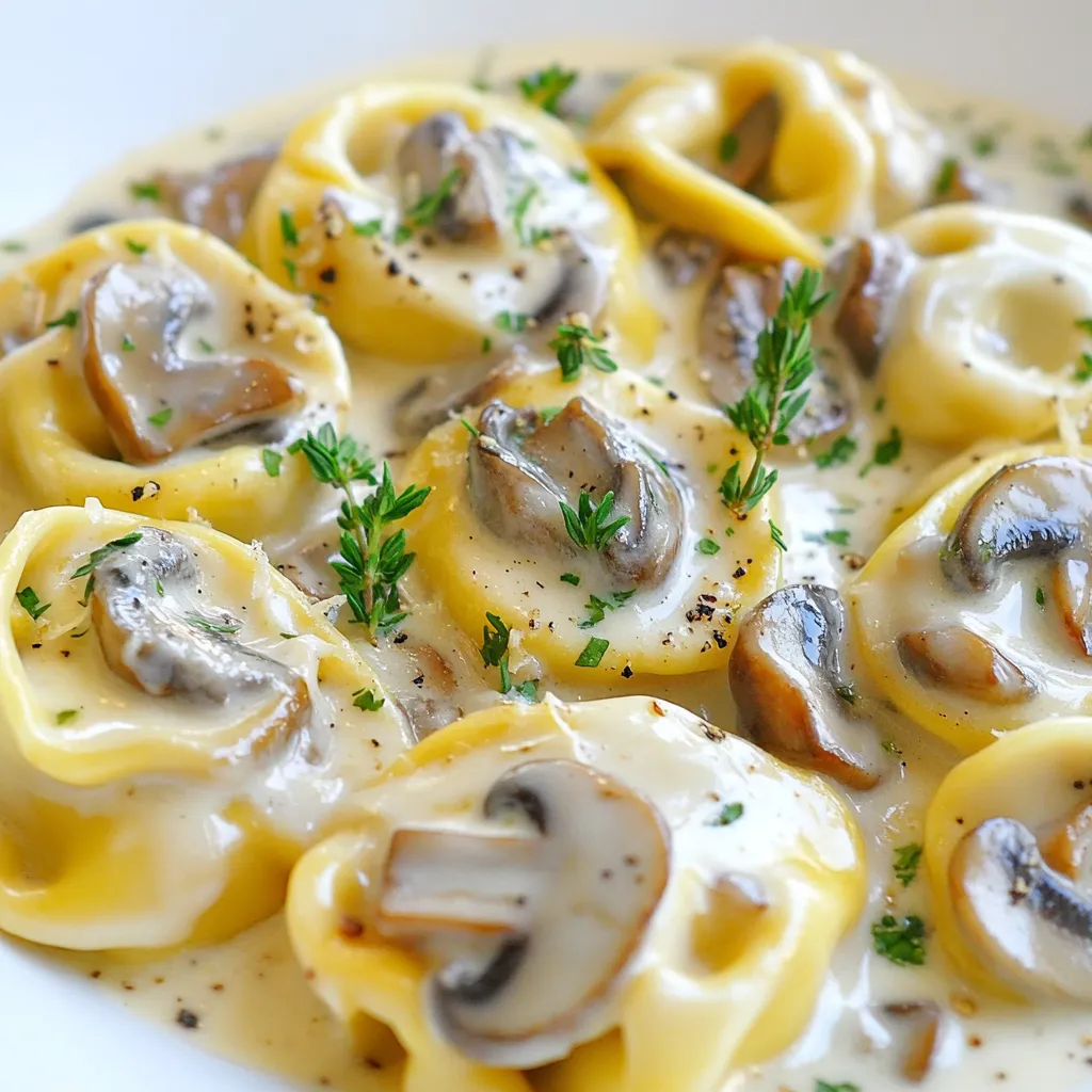 - 8 oz cheese tortellini - 3 cups mixed mushrooms (cremini, shiitake, and button), sliced - 1 cup heavy cream The heart of this dish is the cheese tortellini. It brings a soft, cheesy bite that pairs well with the sauce. Mixed mushrooms add depth. Cremini, shiitake, and button mushrooms each bring unique flavors and textures. Heavy cream gives the sauce its rich and smooth finish. - 2 tablespoons olive oil - 2 cloves garlic, minced - 1 medium onion, finely chopped These pantry staples are key to building flavor. Olive oil serves as the cooking base. It adds richness and helps to sauté the vegetables. Garlic brings a warm, aromatic note, while onion adds sweet and savory flavors. When you cook them together, they create a flavorful backdrop for the mushrooms. - 1/2 cup grated Parmesan cheese - 1 tablespoon fresh thyme leaves (or 1 teaspoon dried thyme) - Salt and pepper to taste - Fresh parsley, chopped (for garnish) Parmesan cheese adds a salty, nutty flavor that enhances the cream sauce. Fresh thyme brings a hint of earthiness. Salt and pepper are essential for balancing the dish. Finally, a sprinkle of fresh parsley adds a pop of color and freshness. This combination makes every bite delicious. {{ingredient_image_1}} First, fill a large pot with water and add a good amount of salt. Bring it to a boil. Once boiling, add the cheese tortellini. Cook them according to the package instructions. You want them to be al dente, which means they should be firm but not hard. This usually takes about 3-5 minutes. After that, drain the tortellini and set them aside. In a large skillet, pour in the olive oil and heat it over medium heat. Add the chopped onion and cook until it turns translucent, about 3-4 minutes. This step builds a sweet base for the dish. Next, stir in the sliced mushrooms and minced garlic. Cook these for another 5-7 minutes until the mushrooms are tender and browned. This mix adds depth to your creamy sauce. Reduce the heat to low. Pour in the heavy cream and stir well. Then, add the grated Parmesan cheese and fresh thyme leaves. Allow the sauce to simmer for about 3-4 minutes. Stir occasionally, and watch as it thickens. The cream and cheese create a rich, velvety sauce that clings to the tortellini. Now, add the cooked tortellini to the skillet with the sauce. Toss gently to coat the pasta evenly. This is where all the flavors come together. Season with salt and pepper to taste. Make sure each piece of tortellini gets a good amount of sauce. To serve, plate the creamy mushroom tortellini in bowls or on plates. For a pop of color, sprinkle fresh parsley on top. This dish looks beautiful and tastes even better, making it perfect for any occasion. - Cooking al dente: To get the best tortellini, cook it until it is al dente. This means it should be firm but not hard. It should have a slight bite to it. Follow the package instructions closely for timing. - Avoiding overcooking: Be careful not to overcook your tortellini. If you do, it will become mushy and lose its shape. Start checking a minute or two before the package's suggested time. - Additional herbs and spices: You can boost the flavor by adding herbs like basil or oregano. A pinch of red pepper flakes gives a nice kick. Experiment with what you love! - Alternative cheese options: If you want a twist, try using different cheeses. Goat cheese or ricotta can add a unique taste. They will still blend well with your creamy sauce. - Best serving dishes: Use wide, shallow bowls for serving. They allow the creamy sauce to shine. You can also use plates for a more elegant look. - Creative plating ideas: To make your dish pop, garnish it with fresh parsley. You can also sprinkle extra Parmesan on top. Try a drizzle of olive oil for extra flair. A few whole mushrooms can add a rustic touch too. Pro Tips Choose Fresh Mushrooms: Always use fresh mushrooms for the best flavor and texture. Look for firm, unblemished mushrooms with a pleasant aroma. Customize Your Cheese: Feel free to experiment with different types of cheese. A mix of Parmesan and Pecorino Romano can add a delightful depth of flavor. Thicken the Sauce: If you prefer a thicker sauce, let it simmer a bit longer or add a touch of cornstarch mixed with water to achieve your desired consistency. Add Protein: For a heartier dish, consider adding cooked chicken, shrimp, or sausage to the tortellini and sauce mixture. {{image_2}} You can easily modify the recipe with different tortellini. If you need gluten-free options, try using gluten-free tortellini. Many brands offer this choice. They taste great and match the sauce well. For a vegan dish, swap the cheese tortellini for a plant-based version. Also, use coconut cream or almond milk instead of heavy cream. Nutritional yeast can replace Parmesan cheese. These swaps keep the dish rich and creamy without dairy. Want to boost the flavor? Add more veggies! Spinach, kale, or bell peppers work well. Just sauté them with the onions and mushrooms. You can also add proteins. Grilled chicken or sautéed shrimp complement the dish nicely. For a veggie boost, toss in some white beans or lentils. These additions make the meal heartier and more filling. Feel like changing the sauce? You can try a tomato-based sauce. Just swap the cream for crushed tomatoes and add herbs like basil and oregano. This gives the dish a fresh twist. Another option is to use pesto as a sauce. It adds a rich and vibrant flavor to the tortellini. Toss the cooked tortellini in the pesto before serving. Each of these sauces brings a new life to your creamy mushroom tortellini! To keep your creamy mushroom tortellini fresh, store it in an airtight container. Make sure the dish is cool before sealing it. This helps prevent moisture build-up, which can make the pasta soggy. Best practices for leftovers include eating them within 3 days. While it may last longer, the taste and texture will decline. Storage containers should be glass or BPA-free plastic. Avoid metal containers, as they can react with the food. Label your container with the date so you know when you made it. You can freeze creamy mushroom tortellini if you want to save some for later. How to freeze creamy mushroom tortellini involves letting it cool completely. Then, portion it into freezer-safe bags. Squeeze out all the air before sealing to prevent freezer burn. When you're ready to enjoy it, thawing and reheating instructions are simple. Place the frozen tortellini in the fridge overnight or use a microwave. Heat it gently on low power to avoid overcooking the pasta. Stir occasionally, and add a splash of cream if needed to freshen up the sauce. Enjoy your meal! To cook tortellini well, start with a large pot. Fill it with water and add salt. Bring the water to a boil. Add the cheese tortellini and cook until al dente. This usually takes about 3-4 minutes. Stir gently to avoid sticking. Once done, drain it and set aside. This method gives you the best texture. Yes, you can use dried mushrooms. They add a deep flavor. To use them, first, you need to rehydrate them. Soak the dried mushrooms in hot water for about 20-30 minutes. Once they are soft, drain and chop them. Use them just like fresh mushrooms in your dish. This swap works well when fresh mushrooms aren't available. To make a lighter tortellini, focus on the cream. You can use half-and-half instead of heavy cream. This cuts fat while still keeping it creamy. Try reducing the amount of Parmesan cheese too. You can also add more vegetables to fill the plate. This way, you enjoy a tasty meal with fewer calories. Creamy mushroom tortellini pairs well with many sides. A fresh green salad adds a crisp touch. Garlic bread is also great for dipping. You can serve roasted vegetables for more flavor. If you want a warm option, try a light soup. Each of these sides complements the dish well. This blog post covered everything you need for a creamy mushroom tortellini dish. I shared key ingredients like cheese tortellini, mixed mushrooms, and heavy cream. You learned how to cook tortellini and create a tasty cream sauce. I also discussed tips for flavor, variations, and storage. Now, you have the tools to impress at your next meal. Feel free to experiment with different ingredients and flavors. Enjoy making this dish your own!