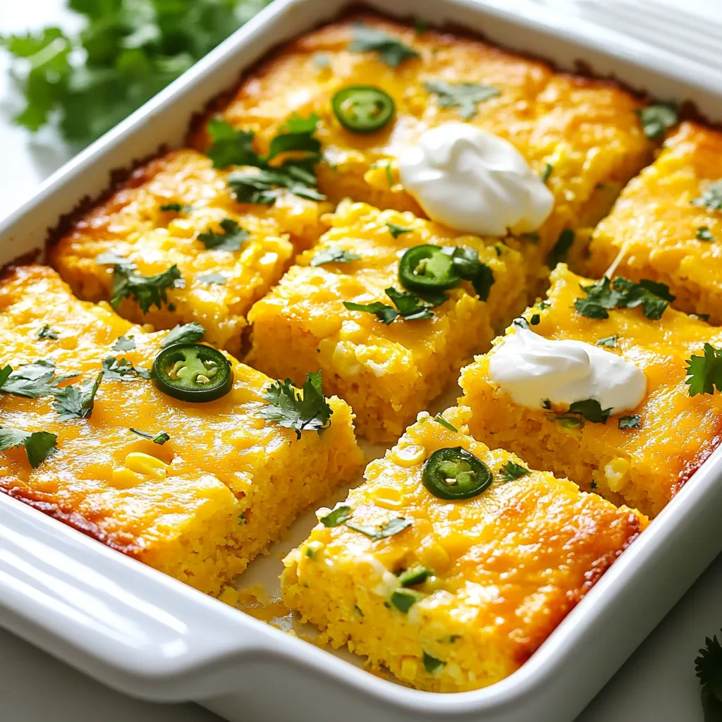 To make Jalapeño Cheddar Cornbread Casserole, you need: - 2 cups cornmeal - 1 cup all-purpose flour - 2 tablespoons baking powder - 1 teaspoon salt - 1 cup shredded sharp cheddar cheese - 1 cup corn kernels (fresh, frozen, or canned) - 2 jalapeños, seeded and finely chopped - 1/4 cup sugar - 2 large eggs - 2 cups buttermilk (or milk + 1 tablespoon vinegar) - 1/2 cup unsalted butter, melted - 1 teaspoon garlic powder - 1 teaspoon onion powder These ingredients create a tasty base with a nice kick from the jalapeños. Want to make this dish even better? Consider adding: - 1/2 cup diced bell peppers for sweetness - 1/4 cup chopped green onions for freshness - A dash of cayenne pepper for extra heat - 1/2 cup cooked bacon bits for a savory touch These options add depth and flavor to your cornbread casserole. If you have dietary needs, here are some easy swaps: - Use gluten-free flour instead of all-purpose flour. - For dairy-free, substitute buttermilk with almond milk or oat milk. - You can also use egg replacers if you are vegan. These substitutions keep the recipe friendly for various diets while maintaining great taste. {{ingredient_image_1}} 1. First, preheat your oven to 375°F (190°C). Grease a 9x13 inch baking dish with cooking spray or butter. This helps your casserole not stick. 2. In a large bowl, mix 2 cups cornmeal, 1 cup flour, 2 tablespoons baking powder, and 1 teaspoon salt. Whisk them together until they blend well. 3. Next, add 1 cup shredded cheddar cheese, 1 cup corn kernels, and 2 chopped jalapeños. Mix these until they spread evenly in the dry mix. 4. In another bowl, whisk together 1/4 cup sugar, 2 large eggs, 2 cups buttermilk, and 1/2 cup melted butter. Add 1 teaspoon garlic powder and 1 teaspoon onion powder for flavor. 5. Pour the wet mix into the dry mix. Stir gently until just combined. Avoid overmixing; it's okay if some lumps remain. 6. Transfer the batter into the greased baking dish. Smooth the top with a spatula. 7. Bake in the preheated oven for 30-35 minutes. Look for a golden brown top. Insert a toothpick in the center; it should come out clean. - Check the color of the top; it should be golden brown. - Use a toothpick to check the center. If it comes out clean, it’s done. - Let the casserole cool for about 10 minutes before slicing. This helps it set and makes serving easier. To get the best texture in your casserole, focus on mixing. Combine dry and wet ingredients gently. Overmixing makes it dense. You want some lumps in the batter. They help keep it light and fluffy. Using buttermilk adds moisture and flavor. The cornmeal gives it a nice, grainy texture. If you want it extra soft, let the batter rest for 5-10 minutes before baking. This helps the cornmeal absorb the liquid. Store leftover casserole in an airtight container. It keeps well in the fridge for about 3-4 days. To reheat, place it in the oven at 350°F (175°C) for 15-20 minutes. You can also microwave it for 1-2 minutes. Just add a splash of water to keep it moist. If you freeze it, cut it into squares first. Wrap each piece in plastic wrap. Then, place them in a freezer bag. It lasts for about 2-3 months in the freezer. For a fun twist, top each slice with sour cream or spicy salsa. Chopped cilantro or chives adds a fresh touch. This casserole pairs well with chili or grilled meats. You can also serve it alongside a crisp salad for a complete meal. Consider adding avocado or jalapeño slices for extra flavor. Enjoy it warm for the best taste! Pro Tips Use Fresh Jalapeños: For a more vibrant flavor and a bit of crunch, opt for fresh jalapeños instead of jarred ones. Experiment with Cheese: While sharp cheddar is delicious, trying different types of cheese like pepper jack or Mexican blend can add unique flavors. Texture Variations: For a heartier texture, consider adding cooked bacon bits or crumbled sausage to the batter. Make Ahead: This casserole can be prepared the night before; just cover and refrigerate, then bake in the morning for an easy breakfast or brunch. {{image_2}} You can easily make this dish vegetarian by skipping the eggs. Use flax eggs instead. Mix 1 tablespoon of ground flaxseed with 2.5 tablespoons of water. Let it sit for about 5 minutes to thicken. For a vegan version, replace buttermilk with almond milk and add a splash of vinegar. You can also use vegan cheese for that cheesy flavor. If you like your food spicy, add more jalapeños. Use whole jalapeños instead of just two. You can also add a pinch of cayenne pepper to the mix. For less heat, use mild peppers or remove the seeds from the jalapeños. This lets you control the spice to fit your taste. Cheddar cheese brings great flavor, but you can switch it up. Try pepper jack cheese for a spicy twist. Monterey Jack adds creaminess without overpowering the taste. You can also mix different cheeses for a unique flavor profile. Blend mozzarella and cheddar for a fun combination. Each serving of Jalapeño Cheddar Cornbread Casserole has about 300 calories. This number may change based on the ingredients you use. In one serving, you get roughly: - 10 grams of protein - 12 grams of fat - 45 grams of carbs These numbers help you see what you get from this tasty dish. This casserole has many good ingredients. Cornmeal is rich in fiber and helps with digestion. Cheddar cheese adds protein and calcium, which are great for bones. Jalapeños give a kick and have vitamins A and C. They also may boost your metabolism. Using buttermilk makes it creamy and adds probiotics for gut health. Overall, this dish is not just tasty; it also offers some good nutrients! To make Jalapeño Cheddar Cornbread Casserole gluten-free, swap the all-purpose flour. Use a gluten-free flour blend instead. Ensure that it is a 1:1 blend for best results. Check your baking powder for gluten-free labeling. This change keeps the texture and taste similar. Yes, you can freeze this casserole. After baking, let it cool completely. Cut it into squares and wrap each piece in plastic wrap. Place the wrapped pieces in a freezer bag. This way, you can enjoy them later. Just reheat in the oven when you're ready to eat. Toppings can enhance your casserole. I recommend a sprinkle of fresh cilantro or chives. A dollop of sour cream adds creaminess. You can also serve it with spicy salsa for a kick. Another option is to add sliced jalapeños on top for extra heat. In this post, we covered all you need to know about making a delicious casserole. We discussed ingredients, preparation steps, and baking tips. You learned how to enhance flavors and make substitutions for different diets. Remember, you can adjust spices and cheeses to fit your taste. Using these tips, you can enjoy a tasty dish that everyone loves. Happy cooking!