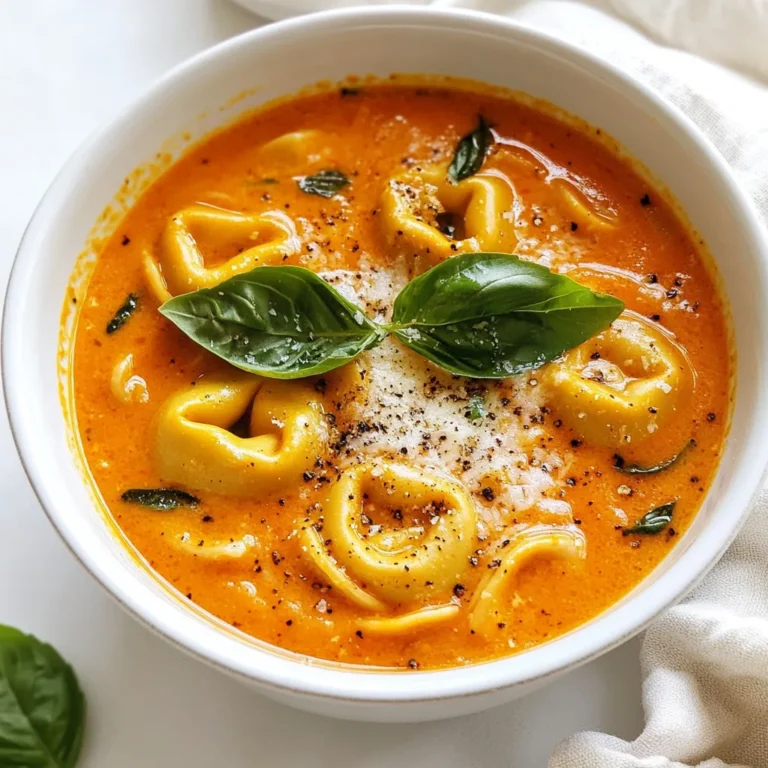 To make creamy tomato basil tortellini soup, you need these key ingredients: - 1 tablespoon olive oil - 1 medium onion, diced - 3 cloves garlic, minced - 1 can (28 oz) crushed tomatoes - 4 cups vegetable broth - 1 teaspoon dried Italian herbs - Salt and pepper to taste - 1 cup heavy cream - 1 package (9 oz) cheese tortellini - 1/2 cup fresh basil leaves, chopped - Grated Parmesan cheese for serving These ingredients create a warm and comforting soup. The olive oil adds richness, while the onion and garlic build flavor. You can adjust the soup to fit your taste. Here are some optional ingredients: - Red pepper flakes for spice - Spinach or kale for added greens - Fresh oregano or thyme for extra herbs - A squeeze of lemon for brightness Feel free to add what you love. Each choice can give a new twist to the soup. If you have dietary needs, here are some substitutions: - Use coconut cream instead of heavy cream for a dairy-free option. - Swap cheese tortellini for gluten-free pasta to make it gluten-free. - Replace vegetable broth with chicken broth if you prefer. These swaps ensure everyone can enjoy this delicious soup. Always taste as you go to balance flavors! {{ingredient_image_1}} 1. Start by heating one tablespoon of olive oil in a large pot over medium heat. 2. Add one medium diced onion and sauté for about five minutes until it turns clear. 3. Next, mix in three minced garlic cloves and cook for one more minute. 4. Now, pour in one can of crushed tomatoes and four cups of vegetable broth. 5. Add one teaspoon of dried Italian herbs, along with salt and pepper to taste. 6. Bring this mix to a gentle simmer. 7. Lower the heat and stir in one cup of heavy cream for richness. 8. Add one package of cheese tortellini, following the package cooking time, about three to five minutes. 9. Once the tortellini floats, fold in half a cup of chopped fresh basil. 10. Taste the soup and adjust the seasoning if needed. - Use fresh tortellini for a softer texture. - If using frozen, do not thaw before cooking. - Stir gently to avoid breaking the tortellini. - Cook just until they float for best results. - Simmer the soup slowly to develop rich flavors. - Use an immersion blender for a smoother texture, if desired. - Add the cream at low heat to keep it from curdling. - For a thicker soup, let it simmer longer before adding the tortellini. To boost flavors in your creamy tomato basil tortellini soup, try these tips: - Use fresh basil instead of dried. It adds a bright taste. - Add a dash of red pepper flakes for heat. This brings warmth. - Stir in a splash of balsamic vinegar. It gives a nice tang. - Finish with a squeeze of lemon juice. This brightens the flavors. These small changes can make a big difference in taste. Here are some common mistakes to watch out for: - Don’t skip sautéing the onion and garlic. This builds a strong base. - Avoid overcooking the tortellini. They should be tender but firm. - Don’t add the cream too early. It’s best added after simmering. - Taste before serving. Adjust salt and pepper to your liking. By avoiding these errors, your soup will shine. Pair your soup for a delightful meal: - Serve with crusty bread. It’s perfect for dipping. - Add a side salad to balance the meal. A simple green salad works well. - Top with extra Parmesan cheese. It adds a nice richness. - Try a glass of white wine, like Pinot Grigio. It complements the soup nicely. These suggestions will enhance your dining experience. Pro Tips Use Fresh Ingredients: Fresh basil and high-quality tomatoes can elevate the flavor of your soup significantly. Opt for fresh basil whenever possible for a brighter taste. Adjust Creaminess: For a lighter version, substitute half of the heavy cream with milk or a non-dairy alternative while still achieving a creamy texture. Customize Tortellini: Feel free to experiment with different types of tortellini, such as spinach or mushroom, to add unique flavors to your soup. Make it Ahead: This soup tastes even better the next day! Make a batch in advance and store it in the refrigerator to let the flavors meld together. {{image_2}} To make this soup vegetarian, skip the cheese tortellini and use plant-based ones. For a vegan version, replace heavy cream with coconut cream or cashew cream. Use vegetable broth to keep it meat-free. These swaps keep the creamy texture while staying true to plant-based diets. If you need a gluten-free soup, choose gluten-free tortellini. They are easy to find in stores now. Make sure your broth is also gluten-free. This way, you can enjoy the soup without any worries about gluten. Want to boost the nutrition? Add some spinach or kale just before serving. Chopped carrots or zucchini also work well. These veggies add fiber and vitamins without changing the flavor much. Just remember to cook them until tender for the best texture. After you enjoy your creamy tomato basil tortellini soup, store any leftovers right away. Use an airtight container to keep the soup fresh. Let the soup cool down before sealing the container. This helps prevent moisture build-up. You can store the soup in the fridge for up to three days. If you want to keep it longer, freezing is a great option. Reheating the soup is simple and quick. Pour the soup into a pot over medium heat. Stir it often to warm it evenly. If the soup seems too thick, add a splash of vegetable broth or water. You can also use the microwave. Place the soup in a microwave-safe bowl. Heat it in short bursts, stirring in between, until hot. Freezing is a smart way to save your creamy tomato basil tortellini soup. Use freezer-safe containers or bags. Make sure to leave some space at the top for expansion. Label the containers with the date. When you’re ready to eat, thaw the soup in the fridge overnight. Reheat it on the stove or in the microwave for a quick meal. Enjoy this comforting soup anytime! You can use half-and-half or whole milk for a lighter option. Coconut milk works well for a dairy-free choice. If you want more flavor, try using sour cream or Greek yogurt. These options will still give you a creamy texture. Just remember that they might change the taste slightly. Yes, you can make this soup ahead of time. Just prepare it as directed and let it cool. Store it in an airtight container in the fridge. It will stay fresh for about three days. When you’re ready to eat, simply reheat it on the stove. Add a splash of broth to thin it out if needed. To add spice, include red pepper flakes when cooking the onions. You can also mix in diced jalapeños or a splash of hot sauce. If you love heat, add a dash of cayenne pepper. Start small and taste as you go. This way, you can control the spice level just how you like it. This blog post covered everything you need for a great tortellini soup. We went through the key ingredients and how to adjust them based on your needs. The steps for cooking were laid out clearly, making it easy to follow. I shared tips to enhance flavor and avoid common mistakes. We also explored different variations and how to store leftovers well. Now you can enjoy this soup in many ways, making it your own. Use this guide to create a tasty meal that fits your style!