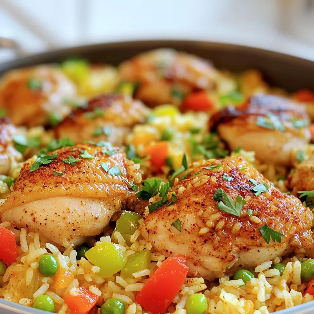 - 1 lb boneless, skinless chicken thighs, cut into bite-sized pieces - 1 cup long-grain rice - 2 cups chicken broth The chicken thighs give great flavor and tenderness to this dish. I like using long-grain rice because it cooks well and absorbs the broth nicely. Chicken broth adds rich taste and moisture. - 1 medium onion, chopped - 2 cloves garlic, minced - 1 red bell pepper, diced - 1 green bell pepper, diced Onions and garlic bring a sweet and savory base. Bell peppers add color and crunch. I often use both red and green for a nice mix of flavors. - 1 tablespoon Cajun seasoning - 1 teaspoon smoked paprika - ½ teaspoon cayenne pepper (adjust for spice preference) Cajun seasoning is key for that bold flavor. Smoked paprika gives a subtle depth, and cayenne pepper adds heat. Adjust the cayenne to fit your spice level. This combination of ingredients creates a vibrant and tasty skillet meal. Each element plays a role in building flavor and texture. Enjoy the process of cooking with these fresh ingredients! To start, we need to cook the chicken. I use boneless, skinless chicken thighs for their rich flavor. First, heat 2 tablespoons of olive oil in a large skillet over medium-high heat. Add the chicken pieces and season them with salt, pepper, Cajun seasoning, smoked paprika, and cayenne pepper. Cook for about 6-8 minutes. You want the chicken to be browned and fully cooked. Once done, remove the chicken and set it aside. Next, it’s time to sauté the vegetables. In the same skillet, add chopped onion, minced garlic, and diced bell peppers. Cook them for about 5 minutes until the veggies are softened. This step is key. It builds flavor, and the aroma will make your mouth water. Now, let’s combine everything. Add 1 cup of long-grain rice to the skillet. Stir it into the vegetables and let it toast for 2 minutes. This step enhances the flavor of the rice. After toasting, pour in 2 cups of chicken broth. Bring the mixture to a boil, then lower the heat to a simmer. Cover the skillet and cook for about 15 minutes, or until the rice is tender and has absorbed most of the liquid. Once the rice is cooked, stir in the chicken and 1 cup of frozen peas. Mix until everything is well combined. Cover and cook for an additional 3-5 minutes until the peas are heated through. Now, taste your dish and adjust the seasoning if needed. If you like more heat, sprinkle on extra Cajun seasoning. Finally, garnish with freshly chopped parsley before serving. Enjoy this flavorful dish! To get the best Cajun flavor, start with the right spices. You can use store-bought Cajun seasoning, but making your own is better. Mix equal parts of garlic powder, onion powder, paprika, and cayenne. Adjust the cayenne if you want less heat. For a milder dish, use less cayenne pepper. Taste as you go. It is easy to tweak and find the perfect mix. Using the right skillet is key. A cast-iron skillet holds heat well and gives a nice sear to the chicken. If you don’t have one, any large skillet works. Once you cook the chicken, let it rest. Resting lets the juices settle, making the chicken tender. Garnish your dish with fresh parsley for a pop of color. This adds freshness and makes the dish look fancy. For serving, try pairing it with a side salad or some crusty bread. It balances the meal and adds more texture. Enjoy your colorful, flavorful dinner! {{image_2}} You can switch up the protein in this dish easily. Shrimp adds a sweet, ocean flavor. Just sauté the shrimp until pink, then add them with the chicken. Sausage is another tasty choice. Slice it and cook it with the chicken for a smoky kick. If you want a meatless dish, try chickpeas or tofu. They soak up the spices well, making your meal hearty and filling. If you want to mix up the grains, consider brown rice or quinoa. Brown rice gives a nutty taste and adds fiber. Quinoa is lighter and cooks faster. For a low-carb choice, use cauliflower rice. It’s a great way to keep the dish light while still enjoying that yummy Cajun flavor. Adding more veggies can make this dish even better. Try carrots, zucchini, or corn for extra color and flavor. You can also use seasonal vegetables. In the spring, add asparagus. In the fall, try butternut squash. This keeps the dish fresh and exciting throughout the year. To keep your Cajun chicken and rice skillet fresh, place leftovers in an airtight container. This helps to lock in moisture and flavor. Always cool the dish to room temperature before sealing it. In the fridge, it stays good for about 3 to 4 days. If you notice an off smell or change in color, it’s best to toss it. To freeze this dish, make sure it is cooled completely. Use freezer-safe containers or bags, removing as much air as possible. This helps avoid freezer burn. You can freeze it for up to 3 months. When you're ready to eat, thaw it overnight in the fridge. For reheating, warm it on the stove over low heat, adding a splash of chicken broth for moisture. You can also use a microwave, but stir it halfway to heat evenly. Cajun seasoning is a mix of spices. It adds great flavor and warmth to dishes. Common ingredients include paprika, garlic powder, onion powder, and black pepper. Some blends add cayenne pepper for heat. The mix gives a bold, savory taste that makes food exciting. You can buy it ready-made or make your own at home. Yes, you can make Cajun Chicken and Rice Skillet ahead. It stores well in the fridge for up to three days. For meal prep, cook the dish fully, then let it cool. Place it in an airtight container. When you're ready to eat, just reheat it in a pan or microwave. This saves time on busy nights. Several sides go great with this dish. You can serve a fresh green salad for crunch. Cornbread adds a nice touch with its sweetness. Another option is steamed broccoli for a healthy balance. If you want more spice, a side of spicy coleslaw works well too. Mix and match according to your taste! Cajun chicken and rice is a dish full of flavor and fun. We explored the key ingredients like chicken thighs and rice, plus many spices. You learned how to prepare chicken, sauté veggies, and combine everything. You also discovered tips for perfecting the dish and creative variations to try. Whether you enjoy it right away or store leftovers, this recipe is a winner. The flavors and cooking steps can turn any meal into a special occasion. Enjoy your cooking journey!