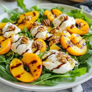 To make a delightful Grilled Peach Burrata Salad, you will need the following fresh ingredients: - 3 ripe peaches, halved and pitted - 2 tablespoons olive oil - Salt and pepper - 4 cups mixed greens (arugula, spinach, and baby kale) - 8 oz burrata cheese - 1/4 cup toasted walnuts, roughly chopped - 1/4 cup fresh basil leaves - 2 tablespoons balsamic reduction These ingredients work together to create a mix of flavors and textures. The peaches add sweetness, while the burrata brings a creamy touch. The walnuts give a nice crunch, and the greens add freshness. Don't forget the balsamic reduction—it ties everything together with a tangy kick! {{ingredient_image_1}} First, you need to preheat your grill to medium-high heat. This helps create those perfect grill marks on the peaches. Next, take your ripe peaches. Brush the cut sides with olive oil. Sprinkle them with salt and pepper. Place the peaches cut-side down on the grill. Grill them for about 3-4 minutes. You want to see nice grill marks and a bit of softening. After that, flip the peaches over. Grill them for another 1-2 minutes. Once done, remove them from the grill and let them cool slightly. Now, grab a large salad bowl. Combine your mixed greens with a drizzle of olive oil, salt, and pepper. Toss the greens well. Tear the grilled peaches into bite-sized pieces. Add them to the bowl. Next, take the burrata cheese and tear it into pieces to give a rustic look. Add that to the salad, too. Sprinkle the toasted walnuts and fresh basil leaves on top. Finally, drizzle balsamic reduction over the salad just before serving. To get the best grilled peaches, start by choosing ripe fruit. Look for peaches that feel slightly soft when you press them. They should have a sweet smell, too. If they're too hard, they won't grill well. When grilling peaches, use medium-high heat. Brush the cut sides with olive oil and sprinkle on salt and pepper. Place the peaches cut-side down on the grill. Grill them for about 3-4 minutes until you see nice grill marks. Flip them and grill for another 1-2 minutes. This method brings out their sweetness and adds a lovely char. For a stunning presentation, serve the salad on a large platter. Place the burrata in the center. Arrange the grilled peaches and mixed greens around it. This creates a colorful and inviting dish. You can also add extra toppings. Try crumbled feta or goat cheese for a tangy kick. Sliced almonds or pecans can add crunch too. Drizzle more balsamic reduction over the salad just before serving for extra flavor. If you want to switch up the cheese, there are many tasty options. Try using fresh mozzarella for a milder flavor. Ricotta can also work well, giving a creamy texture. For a stronger taste, look at blue cheese or aged cheddar. Each choice will change the salad's flavor, so have fun experimenting! Pro Tips Choose Perfect Peaches: Look for peaches that are slightly soft to the touch and have a fragrant aroma. This ensures they are ripe and flavorful for grilling. Grill with Care: Keep an eye on the peaches while grilling to avoid charring. The goal is to achieve nice grill marks and soft fruit without burning. Use Fresh Ingredients: Fresh basil and high-quality burrata will elevate the flavors of your salad. Opt for locally sourced ingredients whenever possible. Texture Matters: For added crunch, consider using different types of nuts or seeds. This will introduce a variety of textures that complement the creaminess of the burrata. {{image_2}} You can switch peaches for other fruits. Try nectarines or plums instead. They add a different flavor but keep the salad fresh. You can also use seasonal greens. Think about adding arugula, spinach, or baby kale. Each season brings new tastes and textures. To make a vegan version, skip the burrata. Instead, use avocado or a nut-based cheese. Both options are creamy and satisfying. For toppings, add sunflower seeds or chickpeas for protein. You can also drizzle with tahini instead of balsamic reduction for a nutty twist. Adding protein makes this dish heartier. Grilled chicken or shrimp work well. They add a nice grilled flavor. You can also use beans like chickpeas or black beans for a vegetarian boost. Mixing in protein makes the salad filling and nutritious. To store leftover salad, place it in an airtight container. Keep it in the fridge. Use it within two days for the best taste. Make sure to store the dressing separately. This helps keep the greens crisp and fresh. If you mix the salad with dressing, it will become soggy. Can you freeze grilled peaches? Yes, you can freeze them! Just slice the grilled peaches and place them in a freezer bag. Remove as much air as possible before sealing. They will keep well for up to three months. However, I do not recommend freezing the whole salad. The greens and burrata do not freeze well. If you need to reheat the grilled peaches, use the stovetop or microwave. For the stovetop, warm them in a pan over low heat. If using a microwave, heat them in short bursts of 10 seconds. This keeps them from getting mushy. Avoid reheating the salad with mixed greens. They taste best fresh. You can use canned peaches, but fresh is best. Canned peaches lack the crunch and flavor fresh peaches offer. If you choose canned, drain and rinse them well. Then, grill them for a few minutes to enhance their taste. You can use many greens in this salad. Try arugula for a peppery kick. Spinach adds a nice softness. Baby kale offers a hearty texture. You can mix and match to find what you like best. You can store this salad for about one day. Keep it in an airtight container in the fridge. The longer it sits, the soggier the greens become. Fresh is always best for flavor and texture. You can prepare some parts ahead of time. Grill the peaches and store them separately. You can also wash and dry the greens. However, wait to assemble the salad until just before serving. This keeps everything fresh. Grill peaches when they are ripe but still firm. This ensures they hold their shape on the grill. Summer is ideal since peaches are in season then. Look for peaches that yield slightly when pressed. This blog post guides you through a delicious grilled peach and burrata salad. You learned about the key ingredients, step-by-step grilling and assembly, and tips for perfect results. I shared options for variations, storage, and common questions. I hope you feel inspired to try this refreshing dish. Enjoying this salad gives you a taste of summer, no matter the season. Happy cooking!