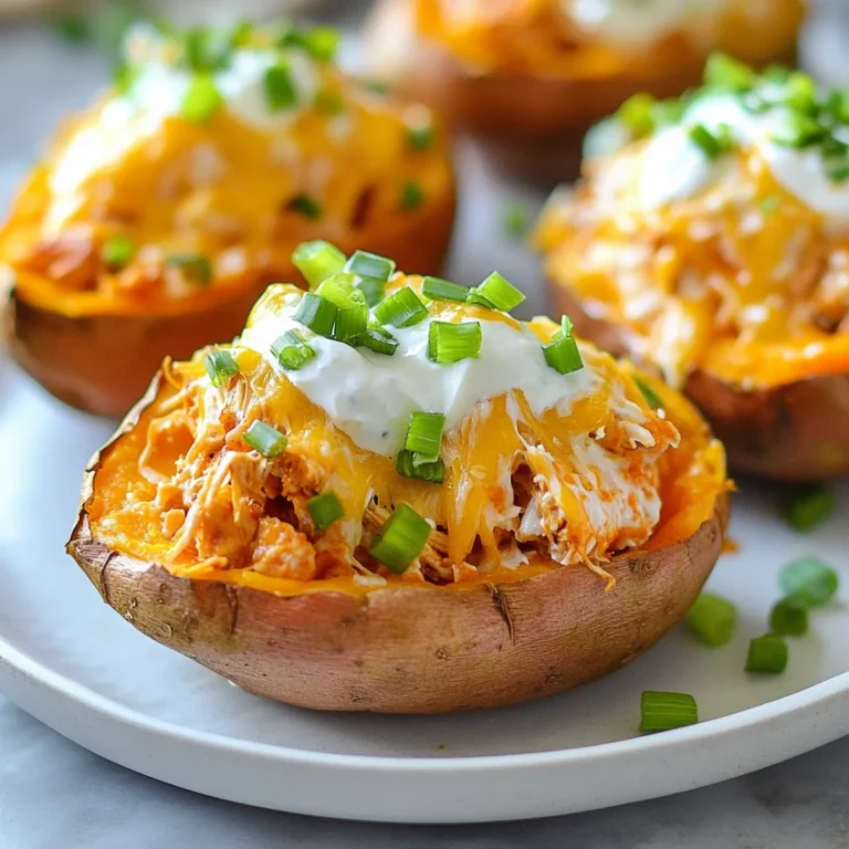 To make Buffalo Chicken Stuffed Sweet Potatoes, gather these simple items: - 2 medium sweet potatoes - 1 cup cooked chicken, shredded - 1/3 cup hot buffalo sauce - 1/4 cup Greek yogurt - 1/4 cup shredded cheddar cheese - 2 green onions, chopped - Salt and pepper to taste - Olive oil These ingredients come together to create a dish full of flavor and comfort. You can add more fun to your stuffed sweet potatoes with these toppings: - Crumbled blue cheese for a tangy kick - Fresh cilantro for a burst of herbal flavor - Diced tomatoes for freshness and color - Avocado slices for creaminess These toppings can make each bite even more exciting. If you don’t have some ingredients, don’t worry! Here are some easy swaps: - Use rotisserie chicken instead of cooking your own chicken. - Swap Greek yogurt with sour cream for a creamier texture. - Try Monterey Jack cheese instead of cheddar for a different taste. - Use a different hot sauce for varying spice levels. These substitutions help you adapt the recipe to your pantry and taste preferences. {{ingredient_image_1}} First, you need to preheat your oven to 400°F (200°C). Next, wash and dry two medium sweet potatoes. Use a fork to pierce each potato several times. This step helps steam escape while they cook. After that, rub a bit of olive oil over each potato. Sprinkle some salt on them to enhance the flavor. Place the sweet potatoes directly on the oven rack or on a baking sheet. Bake them for 45 to 60 minutes. You know they're done when they feel tender. While the potatoes bake, grab a bowl. Combine one cup of shredded, cooked chicken with 1/3 cup of hot buffalo sauce. Mix until the chicken is well-coated. This mixture brings the heat and flavor. You can adjust how much sauce you use based on your taste. If you like it spicy, add more sauce. Remember, it’s all about finding that perfect balance between heat and flavor. Once the sweet potatoes are done, take them out of the oven. Let them cool for a few minutes. Carefully slice each potato open lengthwise. Use a fork to fluff the insides gently. Now it’s time to fill them! Add a spoonful of your buffalo chicken mixture into each sweet potato. Next, add a dollop of Greek yogurt on top. This adds creaminess and balances the heat. Finally, sprinkle some cheddar cheese over the top. Return the stuffed sweet potatoes to the oven for 5 to 10 minutes. You want the cheese to melt and become bubbly. When they are ready, take them out and top with chopped green onions for that final touch. Enjoy your delicious buffalo chicken stuffed sweet potatoes! To find the best sweet potatoes, look for smooth skin. They should feel firm and heavy. Avoid potatoes with dark spots or soft areas. The size matters too; medium sweet potatoes work best for this dish. They cook evenly and hold the filling well. When you pick them, check for a rich orange color. This means they are sweet and flavorful. To get the best buffalo chicken flavor, use good-quality hot sauce. I recommend a sauce with a balance of heat and tang. Mix the sauce well with shredded chicken. The chicken should be fully coated for even flavor. Adding Greek yogurt gives a creamy taste and cools down the heat. You can adjust the sauce amount to your liking. For extra kick, add a dash of garlic powder or onion powder. This will enhance the taste even more. Store leftover stuffed sweet potatoes in an airtight container. Place them in the fridge for up to three days. When you reheat them, use the oven for the best results. Preheat the oven to 350°F (175°C) and bake for about 15 minutes. This keeps the sweet potatoes soft and the filling warm. If you’re in a hurry, use a microwave, but the oven is best. Enjoy your tasty leftovers! Pro Tips Choose the Right Sweet Potatoes: Look for firm, smooth sweet potatoes without any blemishes or soft spots for the best flavor and texture. Buffalo Sauce Balance: Adjust the amount of buffalo sauce to your taste; if you prefer it milder, mix in some additional Greek yogurt. Cheese Options: Feel free to experiment with different cheeses like mozzarella or blue cheese for a unique twist on flavor. Meal Prep Friendly: You can prepare the buffalo chicken mixture in advance and store it in the fridge for quick assembly on busy days. {{image_2}} You can easily make this dish for vegetarians or vegans. Swap out the chicken for a plant-based protein, like chickpeas or lentils. Use a vegan buffalo sauce to keep the kick without the animal products. Instead of Greek yogurt, try a plant-based yogurt. This way, you still get that creamy texture. Buffalo sauce is great, but feel free to switch it up. Try a barbecue sauce for a sweeter taste. You can also use teriyaki sauce for a savory twist. Each sauce brings its own flair. Mix and match to find your favorite flavor. You can even try a spicy ranch sauce if you want a creamy kick. Get creative with the fillings! You can add black beans for extra protein and fiber. Sautéed vegetables like bell peppers and onions can also add a nice crunch. For a cheesy delight, sprinkle some feta cheese or mozzarella. Experiment with ingredients you love. This dish can be your canvas. To store leftovers, let the stuffed sweet potatoes cool to room temp. Place them in an airtight container. This keeps them fresh. You can store them in the fridge for up to four days. Make sure to cover them well. This prevents any odors from other foods in the fridge. You can freeze these stuffed sweet potatoes for later. First, let them cool completely. Wrap each potato tightly in plastic wrap. Then place them in a freezer bag. Label the bags with the date. They will stay good for up to three months. When you want to eat them, just thaw them in the fridge overnight. Reheating needs care for the best taste. If you use an oven, preheat it to 350°F (175°C). Place the stuffed potatoes on a baking sheet. Bake for about 15-20 minutes. This keeps the potatoes soft. You can also use a microwave. Just place them on a microwave-safe plate. Heat for 2-3 minutes, checking often. Enjoy your tasty leftovers! Yes, you can! Feel free to swap chicken for turkey or beef. Shredded pork also works well. Just keep the buffalo sauce for that spicy kick. You can also try shredded rotisserie chicken for a quick option. These stuffed sweet potatoes are great on their own. You can add a side salad or some roasted veggies. A cool dip, like ranch or blue cheese, pairs nicely too. Serve with tortilla chips for a crunchy side. Stuffed sweet potatoes last about 3 to 5 days in the fridge. Just store them in an airtight container. Make sure they cool down before you put them away. This helps keep them fresh longer. This article covered how to make buffalo chicken stuffed sweet potatoes. I listed all the ingredients, optional toppings, and substitutions. I shared clear steps for preparing, assembling, and baking them. We discussed tips for choosing sweet potatoes and perfecting the flavor. I also provided storage info and answered common questions. You can enjoy this dish in many ways. Be creative with toppings and fillings. Have fun cooking, and enjoy the tasty results!