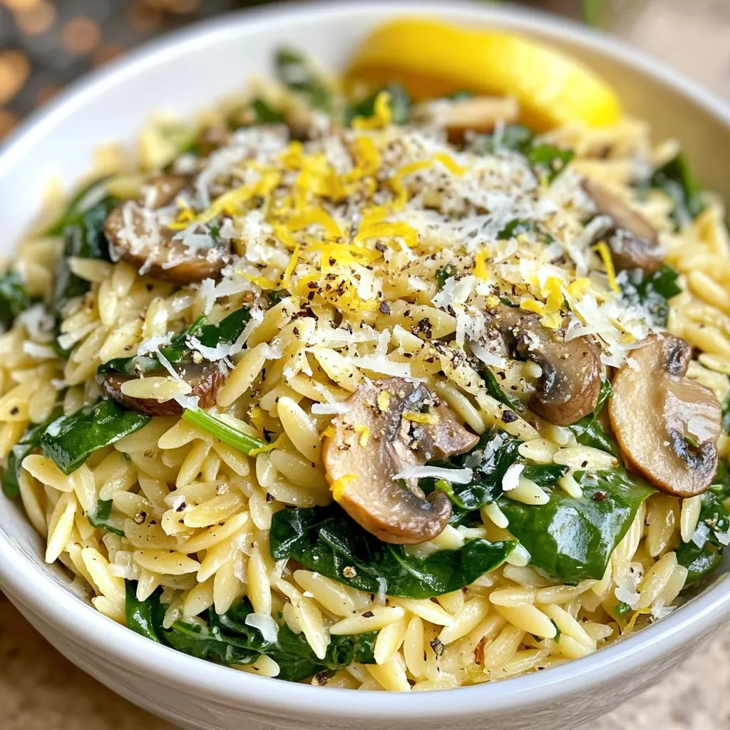 - 1 cup orzo pasta - 2 cups fresh spinach, chopped - 1 cup mushrooms, sliced (button or cremini) - 1 small onion, diced - 2 cloves garlic, minced - 2 tablespoons olive oil - 1 cup vegetable broth - 1 teaspoon dried thyme - 1 teaspoon lemon zest - ¼ teaspoon red pepper flakes (optional) - Salt and pepper to taste - Grated Parmesan cheese for serving (optional) Orzo pasta is the star here. It cooks quickly and absorbs flavors well. Fresh spinach adds color and nutrients. I love how it wilts down and blends in. Mushrooms bring an earthy taste that makes this dish feel hearty. I often use button or cremini mushrooms, but any variety works. Onion and garlic add layers of flavor that make this dish shine. Olive oil keeps it rich and helps with cooking. Vegetable broth enhances the taste and keeps it plant-based. Dried thyme adds a hint of herbal freshness, while lemon zest gives a bright kick. Red pepper flakes offer some heat, but you can skip them if you prefer mild dishes. Lastly, Parmesan cheese is optional but adds a creamy finish. If you don't have orzo, try another small pasta like ditalini or acini di pepe. You can swap spinach for kale or Swiss chard, but adjust cooking time as they may take longer to wilt. For a different flavor profile, use different mushrooms like shiitake or portobello. If you want a vegan dish, skip the cheese, or use a plant-based alternative. You can also replace vegetable broth with chicken broth for a non-vegan option. {{ingredient_image_1}} Start by gathering all your ingredients. You will need orzo pasta, fresh spinach, mushrooms, onion, garlic, olive oil, vegetable broth, thyme, lemon zest, red pepper flakes, salt, and pepper. Dice the onion and mince the garlic. Slice the mushrooms and chop the spinach. This prep makes cooking easier. 1. Heat 2 tablespoons of olive oil in a large skillet over medium heat. 2. Add the diced onion. Sauté it for about 3-4 minutes until it turns clear. 3. Next, stir in the minced garlic and sliced mushrooms. Cook for about 5 minutes until the mushrooms soften. 4. Add 1 cup of orzo to the skillet. Stir it for 1-2 minutes to toast it lightly. This step gives the orzo a nice flavor. 5. Pour in 1 cup of vegetable broth, 1 teaspoon of thyme, salt, pepper, and red pepper flakes if you like spice. Bring this mixture to a gentle simmer. 6. Cover the skillet. Cook for about 10 minutes, stirring often. The orzo should absorb most of the liquid and be firm to bite. 7. After 10 minutes, stir in the chopped spinach and 1 teaspoon of lemon zest. Cook for 2-3 minutes until the spinach wilts. 8. Remove the skillet from heat. Let it sit for a minute before serving. If you want softer orzo, add a bit more broth and cook a few extra minutes. If you prefer it firmer, check it a minute or two earlier. Always taste as you go. This way, you can adjust the salt and pepper to your liking. For extra flavor, try adding more lemon zest or a splash of lemon juice just before serving. To boost flavors in your Spinach Mushroom Orzo Skillet, use fresh herbs. Fresh thyme or basil adds bright notes. You can also squeeze fresh lemon juice for zest. For a kick, try adding more red pepper flakes. Mixing in a splash of white wine while cooking gives depth. Don’t forget to season each layer. Add salt and pepper as you cook. One big mistake is not toasting the orzo. This step brings out nutty flavors. Another mistake is adding too much liquid too fast. Keep an eye on the broth, and let it absorb slowly. Overcooking the spinach can make it mushy. Add the spinach just a few minutes before serving. Lastly, don’t skip the seasoning. Taste as you go for balance. For perfect consistency, keep the orzo al dente. It should have a slight bite. Stir regularly as it cooks to avoid sticking. If it seems dry, add more broth, a little at a time. Letting the dish sit after cooking makes it creamy. The orzo will soak up extra liquid. Serve it warm, topped with Parmesan cheese for extra flavor. Pro Tips Fresh Ingredients: Use fresh spinach and mushrooms for the best flavor and texture. Fresh produce enhances the overall taste of the dish. Toasting Orzo: Lightly toasting the orzo before adding the liquid brings out its nutty flavor, adding depth to your dish. Adjusting Consistency: If the orzo absorbs too much liquid, simply add a splash more vegetable broth or water to achieve the desired consistency. Flavor Variations: Experiment with different herbs and spices, such as basil or oregano, to customize the flavor profile to your liking. {{image_2}} This Spinach Mushroom Orzo Skillet is easy to make vegan. Just skip the Parmesan cheese. You can also use a vegan cheese substitute for extra creaminess. Nutritional yeast is a great choice, adding a cheesy flavor without dairy. You can enjoy this dish just as much without animal products. Want to add protein? Chicken and shrimp work well here. For chicken, use diced breast and cook it with the onions. For shrimp, add them during the last few minutes of cooking. Both options will make the dish heartier and more filling. Just adjust the cooking time to ensure they are fully cooked. Feel free to swap in seasonal veggies. Zucchini, bell peppers, or asparagus can add color and flavor. Just cut them into small pieces. Add them after the mushrooms to keep them crisp. This way, you can enjoy fresh tastes all year round. Mix and match your favorite veggies for a new twist each time. To keep your Spinach Mushroom Orzo Skillet fresh, cool it to room temperature. Then, place it in an airtight container. You can store it in the fridge for up to three days. Make sure to label the container with the date. This helps you keep track of how long it has been stored. When you are ready to eat the leftovers, reheat them on the stove. Add a splash of vegetable broth or water to the skillet. This helps the orzo stay moist. Heat it over medium-low heat, stirring often, until it’s warm. You can also use the microwave. Heat in short bursts, stirring in between, until hot. You can freeze the Spinach Mushroom Orzo Skillet for later. Just let it cool completely. Then, place it in a freezer-safe container. Leave some space at the top, as the orzo will expand. It can last in the freezer for up to three months. When you want to eat it, thaw it overnight in the fridge. Then, reheat as mentioned above. Cooking orzo takes about 10 minutes. You add it to simmering broth with other ingredients. Stir it often to avoid sticking. The orzo should be tender but still firm, a state called al dente. If you want a softer texture, cook it for another minute or two. Yes, you can use frozen spinach. Just make sure to thaw and drain it first. Frozen spinach is often just as healthy as fresh. It also saves time since you skip the washing and chopping steps. Add it to the skillet at the same point as fresh spinach. Stir it in until warmed through. This dish pairs well with many sides. Try a simple green salad for freshness. Garlic bread or crusty rolls also make a nice addition. For protein, serve grilled chicken or shrimp on the side. A squeeze of lemon on top adds a bright flavor too. This post covered how to make a tasty Spinach Mushroom Orzo Skillet. We looked at key ingredients and how to switch them if needed. I shared step-by-step cooking instructions, plus tips for best texture and flavor. You learned about vegan options and ways to add protein. Lastly, we discussed storage and reheating tips. Remember, cooking is fun and lets you explore flavors. Enjoy making this dish your own!