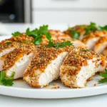 - 4 boneless, skinless chicken breasts - 1 cup plain Greek yogurt - 1 tablespoon Dijon mustard - 1 tablespoon garlic powder - 1 teaspoon onion powder - 1 teaspoon smoked paprika - 1 teaspoon salt - 1 teaspoon black pepper - 1/2 tablespoon everything bagel seasoning - 1/2 cup whole wheat breadcrumbs - 1 tablespoon olive oil When I make Air Fryer Everything Bagel Chicken, I love using fresh ingredients. Each item plays a key role in the dish. The chicken breasts are the star. They need to be tender and juicy. Greek yogurt is my secret weapon. It keeps the chicken moist. Plus, it adds a slight tang. I mix it with Dijon mustard for flavor. Garlic powder and onion powder add depth. Smoked paprika gives a hint of smokiness. Salt and black pepper round out the taste. The coating is just as important. Everything bagel seasoning brings a burst of flavor. Whole wheat breadcrumbs create a satisfying crunch. A drizzle of olive oil helps everything crisp up in the air fryer. These ingredients work together to create a meal that is both tasty and simple. With this mix, you can impress anyone at your table. So gather your ingredients, and let’s get cooking! - Preheat air fryer to 380°F (190°C). - Prepare mixing bowls for yogurt mixture and breadcrumbs. Start by preheating your air fryer. Set it to 380°F (190°C) and let it warm up for about five minutes. This step is key to getting crispy chicken. Next, grab two mixing bowls. One will hold the yogurt mixture, and the other will hold the breadcrumbs. - Mix yogurt and seasoning ingredients. - Coat chicken breasts in yogurt mixture. In the first bowl, mix together one cup of plain Greek yogurt, one tablespoon of Dijon mustard, one tablespoon of garlic powder, one teaspoon of onion powder, one teaspoon of smoked paprika, one teaspoon of salt, and one teaspoon of black pepper. Stir until it's smooth. This mixture will give your chicken a great flavor. Take each chicken breast and coat it well in this yogurt mix. Make sure every part is covered. - Combine breadcrumbs with everything bagel seasoning. - Bread chicken breasts and drizzle with olive oil. In the second bowl, combine half a cup of whole wheat breadcrumbs with half a tablespoon of everything bagel seasoning. Mix it thoroughly. Now, take each yogurt-coated chicken breast and dip it into the breadcrumb mixture. Gently press the breadcrumbs onto the chicken to help them stick. Once coated, drizzle a little olive oil over the chicken. This helps with crispness during cooking. - Place chicken in air fryer basket. - Cook at 380°F for 15-18 minutes; flip halfway. Now, place your chicken breasts in the air fryer basket. Make sure they sit in a single layer. Set the timer for 15-18 minutes. Flip the chicken halfway through cooking. This will ensure even cooking and crispiness. When the time is up, check that the internal temperature reaches 165°F (75°C). If it does, you’re ready to enjoy your delicious Air Fryer Everything Bagel Chicken! To get that perfect crispy bite, coat the chicken well. The yogurt mixture is key. It helps the breadcrumbs stick. Make sure each piece is fully covered. This step is important for crunch. Next, drizzle olive oil on the chicken. Olive oil adds moisture and helps with crispiness. Just a little goes a long way. Always check the internal temperature of the chicken. Use a meat thermometer. The chicken should reach 165°F (75°C) for safety. This ensures it's fully cooked and safe to eat. After cooking, let the chicken rest for a few minutes. This helps the juices settle. If you slice too soon, the juices may run out. Make your dish look great by garnishing it. Fresh herbs like parsley or chives work well. Sprinkle them on top before serving. This adds color and freshness. Serve the chicken sliced on a nice platter. Pair it with a side of mixed greens. This adds a pop of color and makes the meal look appealing. {{image_2}} You can spice things up with different flavors. Try using spicy everything bagel seasoning for a kick. This adds heat and a new twist to your dish. You can also add fresh herbs to the yogurt mixture. Chopped parsley, dill, or chives work well. They bring fresh tastes that balance the richness of the yogurt. Want a dairy-free option? Use almond milk yogurt instead of plain Greek yogurt. It gives a nice creaminess without the dairy. If you prefer dark meat, substitute chicken thighs for breasts. Thighs are juicier and richer in flavor. They can make your dish even more satisfying. Pair your chicken with great sides. Roasted veggies or a fresh salad are perfect. They add color and nutrition to your plate. For sauces or dips, try a tangy yogurt sauce or a spicy aioli. These can enhance the chicken's flavor and make each bite more exciting. To store leftover chicken, let it cool first. Place it in an airtight container. This helps to keep the moisture in. Store it in the fridge for up to three days. If you want to keep it longer, freezing is a great option. Wrap the chicken tightly in plastic wrap or foil. Then, place it in a freezer-safe bag. It can last for up to three months in the freezer. To reheat your chicken, the oven is the best choice. Preheat your oven to 350°F (175°C). Place the chicken on a baking sheet and cover it with foil. Bake for about 10-15 minutes. This keeps it juicy and crispy. If you use a microwave, heat it in short bursts. Start with 30 seconds, then check it. Microwaves can make the chicken rubbery if you heat too long. You can use leftover chicken for quick lunches. Slice it thin and add it to salads or wraps. It adds great flavor and protein. You can also chop it up and mix it with some grains. Try making a chicken grain bowl with rice or quinoa. Lastly, shred the chicken and mix it into pasta or soup for a tasty twist. Everything bagel seasoning is a mix of spices and seeds. It usually has: - Poppy seeds - Sesame seeds - Dried garlic - Dried onion - Salt This blend gives a rich, savory taste. You get a crunch from the seeds and a punch from the garlic and onion. You can sprinkle it on many foods, not just bagels! Yes, you can use chicken with skin. Skin-on chicken adds more fat. This fat keeps the meat moist and adds flavor. However, it may not get as crispy as skinless chicken. If you use skin-on chicken, adjust the cooking time. Check that the skin is golden brown and crisp. The cooking time depends on the chicken's thickness and cut. For boneless, skinless breasts, cook for 15-18 minutes at 380°F (190°C). Thicker pieces may need more time. Always check that the internal temperature reaches 165°F (75°C) for safety. If your chicken is pink, check its temperature. Use a meat thermometer. If it’s below 165°F (75°C), return it to the air fryer. Cook for a few more minutes. Let it rest after cooking. This helps the juices settle and ensures even cooking. Always check the thickest part of the chicken for doneness. This blog post covers a great recipe for air fryer chicken breasts, highlighting both main and coating ingredients. You learned how to coat and cook the chicken for a crispy finish. I shared tips for achieving perfect results and suggestions for variations and sides. Remember, using yogurt ensures flavor and moisture. Explore different spices or sides to make it your own. Enjoy trying out this recipe for a quick, tasty meal!