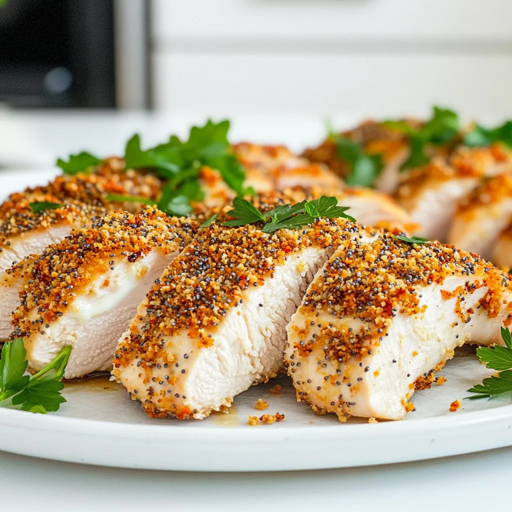 - 4 boneless, skinless chicken breasts - 1 cup plain Greek yogurt - 1 tablespoon Dijon mustard - 1 tablespoon garlic powder - 1 teaspoon onion powder - 1 teaspoon smoked paprika - 1 teaspoon salt - 1 teaspoon black pepper - 1/2 tablespoon everything bagel seasoning - 1/2 cup whole wheat breadcrumbs - 1 tablespoon olive oil When I make Air Fryer Everything Bagel Chicken, I love using fresh ingredients. Each item plays a key role in the dish. The chicken breasts are the star. They need to be tender and juicy. Greek yogurt is my secret weapon. It keeps the chicken moist. Plus, it adds a slight tang. I mix it with Dijon mustard for flavor. Garlic powder and onion powder add depth. Smoked paprika gives a hint of smokiness. Salt and black pepper round out the taste. The coating is just as important. Everything bagel seasoning brings a burst of flavor. Whole wheat breadcrumbs create a satisfying crunch. A drizzle of olive oil helps everything crisp up in the air fryer. These ingredients work together to create a meal that is both tasty and simple. With this mix, you can impress anyone at your table. So gather your ingredients, and let’s get cooking! - Preheat air fryer to 380°F (190°C). - Prepare mixing bowls for yogurt mixture and breadcrumbs. Start by preheating your air fryer. Set it to 380°F (190°C) and let it warm up for about five minutes. This step is key to getting crispy chicken. Next, grab two mixing bowls. One will hold the yogurt mixture, and the other will hold the breadcrumbs. - Mix yogurt and seasoning ingredients. - Coat chicken breasts in yogurt mixture. In the first bowl, mix together one cup of plain Greek yogurt, one tablespoon of Dijon mustard, one tablespoon of garlic powder, one teaspoon of onion powder, one teaspoon of smoked paprika, one teaspoon of salt, and one teaspoon of black pepper. Stir until it's smooth. This mixture will give your chicken a great flavor. Take each chicken breast and coat it well in this yogurt mix. Make sure every part is covered. - Combine breadcrumbs with everything bagel seasoning. - Bread chicken breasts and drizzle with olive oil. In the second bowl, combine half a cup of whole wheat breadcrumbs with half a tablespoon of everything bagel seasoning. Mix it thoroughly. Now, take each yogurt-coated chicken breast and dip it into the breadcrumb mixture. Gently press the breadcrumbs onto the chicken to help them stick. Once coated, drizzle a little olive oil over the chicken. This helps with crispness during cooking. - Place chicken in air fryer basket. - Cook at 380°F for 15-18 minutes; flip halfway. Now, place your chicken breasts in the air fryer basket. Make sure they sit in a single layer. Set the timer for 15-18 minutes. Flip the chicken halfway through cooking. This will ensure even cooking and crispiness. When the time is up, check that the internal temperature reaches 165°F (75°C). If it does, you’re ready to enjoy your delicious Air Fryer Everything Bagel Chicken! To get that perfect crispy bite, coat the chicken well. The yogurt mixture is key. It helps the breadcrumbs stick. Make sure each piece is fully covered. This step is important for crunch. Next, drizzle olive oil on the chicken. Olive oil adds moisture and helps with crispiness. Just a little goes a long way. Always check the internal temperature of the chicken. Use a meat thermometer. The chicken should reach 165°F (75°C) for safety. This ensures it's fully cooked and safe to eat. After cooking, let the chicken rest for a few minutes. This helps the juices settle. If you slice too soon, the juices may run out. Make your dish look great by garnishing it. Fresh herbs like parsley or chives work well. Sprinkle them on top before serving. This adds color and freshness. Serve the chicken sliced on a nice platter. Pair it with a side of mixed greens. This adds a pop of color and makes the meal look appealing. {{image_2}} You can spice things up with different flavors. Try using spicy everything bagel seasoning for a kick. This adds heat and a new twist to your dish. You can also add fresh herbs to the yogurt mixture. Chopped parsley, dill, or chives work well. They bring fresh tastes that balance the richness of the yogurt. Want a dairy-free option? Use almond milk yogurt instead of plain Greek yogurt. It gives a nice creaminess without the dairy. If you prefer dark meat, substitute chicken thighs for breasts. Thighs are juicier and richer in flavor. They can make your dish even more satisfying. Pair your chicken with great sides. Roasted veggies or a fresh salad are perfect. They add color and nutrition to your plate. For sauces or dips, try a tangy yogurt sauce or a spicy aioli. These can enhance the chicken's flavor and make each bite more exciting. To store leftover chicken, let it cool first. Place it in an airtight container. This helps to keep the moisture in. Store it in the fridge for up to three days. If you want to keep it longer, freezing is a great option. Wrap the chicken tightly in plastic wrap or foil. Then, place it in a freezer-safe bag. It can last for up to three months in the freezer. To reheat your chicken, the oven is the best choice. Preheat your oven to 350°F (175°C). Place the chicken on a baking sheet and cover it with foil. Bake for about 10-15 minutes. This keeps it juicy and crispy. If you use a microwave, heat it in short bursts. Start with 30 seconds, then check it. Microwaves can make the chicken rubbery if you heat too long. You can use leftover chicken for quick lunches. Slice it thin and add it to salads or wraps. It adds great flavor and protein. You can also chop it up and mix it with some grains. Try making a chicken grain bowl with rice or quinoa. Lastly, shred the chicken and mix it into pasta or soup for a tasty twist. Everything bagel seasoning is a mix of spices and seeds. It usually has: - Poppy seeds - Sesame seeds - Dried garlic - Dried onion - Salt This blend gives a rich, savory taste. You get a crunch from the seeds and a punch from the garlic and onion. You can sprinkle it on many foods, not just bagels! Yes, you can use chicken with skin. Skin-on chicken adds more fat. This fat keeps the meat moist and adds flavor. However, it may not get as crispy as skinless chicken. If you use skin-on chicken, adjust the cooking time. Check that the skin is golden brown and crisp. The cooking time depends on the chicken's thickness and cut. For boneless, skinless breasts, cook for 15-18 minutes at 380°F (190°C). Thicker pieces may need more time. Always check that the internal temperature reaches 165°F (75°C) for safety. If your chicken is pink, check its temperature. Use a meat thermometer. If it’s below 165°F (75°C), return it to the air fryer. Cook for a few more minutes. Let it rest after cooking. This helps the juices settle and ensures even cooking. Always check the thickest part of the chicken for doneness. This blog post covers a great recipe for air fryer chicken breasts, highlighting both main and coating ingredients. You learned how to coat and cook the chicken for a crispy finish. I shared tips for achieving perfect results and suggestions for variations and sides. Remember, using yogurt ensures flavor and moisture. Explore different spices or sides to make it your own. Enjoy trying out this recipe for a quick, tasty meal!