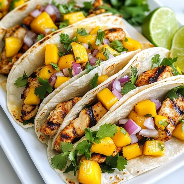 - 2 boneless, skinless chicken breasts - 1 ripe mango, diced - 8 small corn or flour tortillas - 1 tablespoon olive oil - 1 teaspoon chili powder - 1 teaspoon smoked paprika - 1/2 teaspoon ground cumin - 1/2 teaspoon garlic powder - Salt and pepper to taste - 1/2 red onion, finely chopped - 1/4 cup fresh cilantro, chopped - 1 lime, cut into wedges - Optional: Sliced jalapeño for extra heat When I make Spicy Mango Chicken Tacos, I start with fresh, vibrant ingredients. I choose boneless chicken breasts for a tender bite. The ripe mango adds sweetness that balances the spices. Tortillas are a must for holding all the goodness. I prefer corn for a classic taste, but flour works too. Next, I gather my spices. Olive oil keeps the chicken moist. Chili powder adds heat, while smoked paprika gives a rich flavor. Ground cumin and garlic powder deepen the taste. I always add salt and pepper for the perfect seasoning. Fresh additions take this dish to the next level. Red onion adds a crunch and bite. Bright cilantro brings freshness. I squeeze lime juice on top for a zesty finish. If you like heat, sliced jalapeños are a great option. They give an extra kick that spices things up! {{ingredient_image_1}} First, you need to mix the marinade. In a bowl, combine one tablespoon of olive oil, one teaspoon of chili powder, one teaspoon of smoked paprika, half a teaspoon of ground cumin, and half a teaspoon of garlic powder. Add salt and pepper to taste. Then, add the two chicken breasts and coat them well with the marinade. Let the chicken sit for at least 20 minutes. This helps the flavors soak in. Now it’s time to cook the chicken. Heat a grill or a skillet over medium-high heat. Place the marinated chicken on the grill. Cook for about 6-7 minutes on each side. You want the chicken to turn golden brown and be fully cooked. To check, cut into the thickest part. If the juices run clear, it’s ready. Once done, remove the chicken from heat and let it rest for a few minutes. Then slice it into strips. While the chicken rests, warm the tortillas. You can use a dry skillet or a grill. Place the tortillas in for about 30 seconds on each side until they are soft and pliable. This will make them easy to fold around your fillings. Keep them warm by wrapping them in a clean kitchen towel. Now comes the fun part: assembling the tacos! Take a warm tortilla. On it, layer slices of the grilled chicken, diced mango, chopped red onion, and fresh cilantro. If you like a spicy kick, add sliced jalapeño on top. This adds flavor and heat. Each bite will be a burst of taste! For the best flavor, marinate the chicken for at least 20 minutes. This lets the spices soak in deeply. If you're short on time, even 10 minutes will help. However, marinating longer, up to two hours, can enhance the taste even more. If you want to skip marinating, try seasoning the chicken right before cooking. You can also use a dry rub if you prefer. To achieve perfect grill marks, preheat your grill or skillet well before cooking. This helps sear the chicken quickly. Cook each side for about 6-7 minutes. The chicken is done when it reaches an internal temperature of 165°F (75°C). Use a meat thermometer to check. Let the chicken rest for a few minutes after cooking. This keeps it juicy and tender. These tacos shine when served with fresh sides. Try pairing them with a light salad or grilled corn. You can also serve rice or beans for a more filling meal. For garnishing, sprinkle fresh cilantro on top for color and taste. You can add sliced jalapeños for more heat or lime wedges for a zesty kick. Get creative with your toppings! Pro Tips Marinate for Flavor: Let the chicken marinate for at least 20 minutes, but for even better flavor, consider marinating it for a few hours or overnight. Adjust the Heat: If you prefer a milder taco, omit the jalapeños or use them sparingly. For more heat, add extra chili powder or fresh jalapeño slices. Fresh Ingredients Matter: Use ripe mango and fresh cilantro for the best taste. The freshness will elevate the overall flavor of your tacos. Perfect Tortilla Technique: Warm the tortillas just until soft; do not overcook them. This keeps them pliable and prevents tearing when filling. {{image_2}} You can switch the chicken for shrimp or firm tofu. Both options work great. For a vegan meal, use jackfruit or mushrooms. These choices offer a nice texture and soak up the flavors well. Want to boost the taste? Add diced pineapple or bell peppers for extra sweetness and crunch. You can also try different spices. Use cayenne for heat or coriander for a unique twist. Each addition changes the flavor while keeping the dish fresh. You can choose between soft corn or flour tortillas. Soft tortillas are easier to fold. Hard shells give you a satisfying crunch. Want something different? Try an Asian fusion. Use hoisin sauce and sesame seeds to give your tacos a bold, new flavor. To store your spicy mango chicken tacos, follow these tips: - Place leftovers in an airtight container. - Keep them in the fridge for up to three days. - Store the chicken separate from tortillas and toppings. You can store assembled tacos for about a day. After that, the tortillas may become soggy. It’s best to keep the ingredients separate for longer freshness. For reheating chicken, use these methods: - Warm the chicken in a skillet over low heat. - Microwave for about one minute, checking often. - Heat tortillas in a dry skillet for about 30 seconds. - Avoid microwaving tortillas, as they can become chewy. - If they do get chewy, a quick warm-up on a skillet can help. Yes, you can use frozen chicken. First, thaw it in the fridge overnight. If you're short on time, place it in a sealed bag and submerge it in cold water for about 1-2 hours. Once thawed, follow the recipe as usual. Make sure to cook the chicken until it reaches an internal temperature of 165°F. This keeps it safe and tasty. To add heat, consider these ideas: - Include sliced jalapeños inside the tacos. - Use a spicier chili powder or add cayenne pepper to the marinade. - Serve with a spicy salsa or hot sauce on the side. - Try adding fresh chopped serrano peppers for a fresh kick. Experiment with these options to find your favorite level of spice! These tacos pair well with: - Mexican rice for a filling side. - Black beans for added protein. - A fresh corn salad for crunch. - Guacamole and chips for a classic touch. These sides enhance the meal and offer a balance to the flavors. Enjoy mixing and matching! You’ve now learned how to make Spicy Mango Chicken Tacos from scratch. We covered the key ingredients, from juicy chicken to fresh mango. I shared tips on marinating, cooking techniques, and assembling the perfect taco. Don't forget the variations and storage tips for a great meal later. Enjoying these tacos is fun and simple, and they’re sure to impress your friends and family. Try customizing them to your taste, and let your creativity shine!